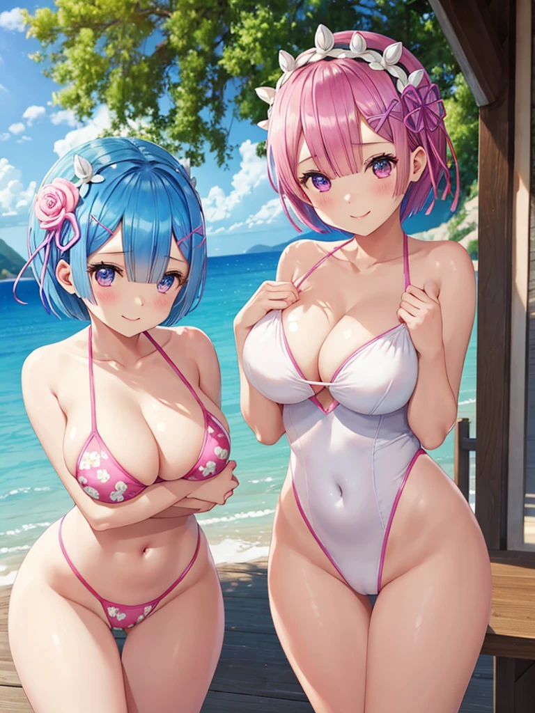 masterpiece 、best quality、ultra detailed 、(Re:zero)、two girls(Rem、blue hair、short hair)(rum、pink hair、short hair)、twins、16 years old、big breasts、White high-leg swimsuit with thin floral pattern、thighs wide open、wide open crotch、Nasty poses、sexual expression、mean look、beautiful breasts、beach、smile、cute face、cute、bouquet、