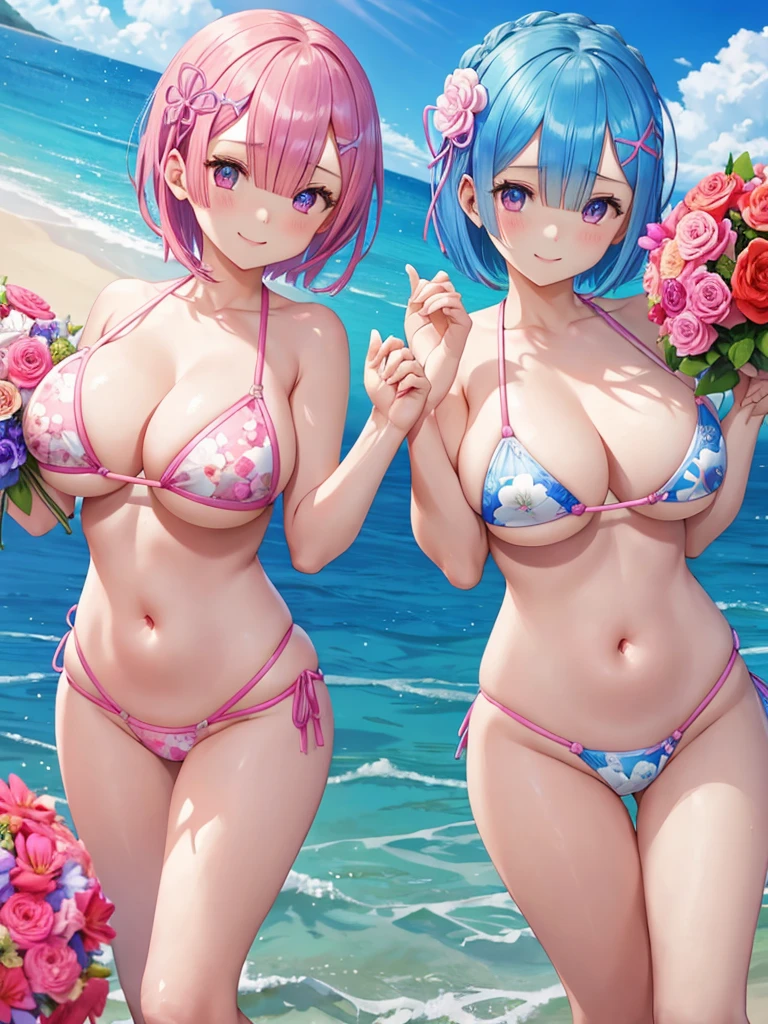 masterpiece 、best quality、ultra detailed 、(Re:zero)、two girls(Rem、blue hair、short hair)(rum、pink hair、short hair)、twins、16 years old、big breasts、White high-leg swimsuit with thin floral pattern、thighs wide open、wide open crotch、Nasty poses、sexual expression、mean look、beautiful breasts、beach、smile、cute face、cute、bouquet、