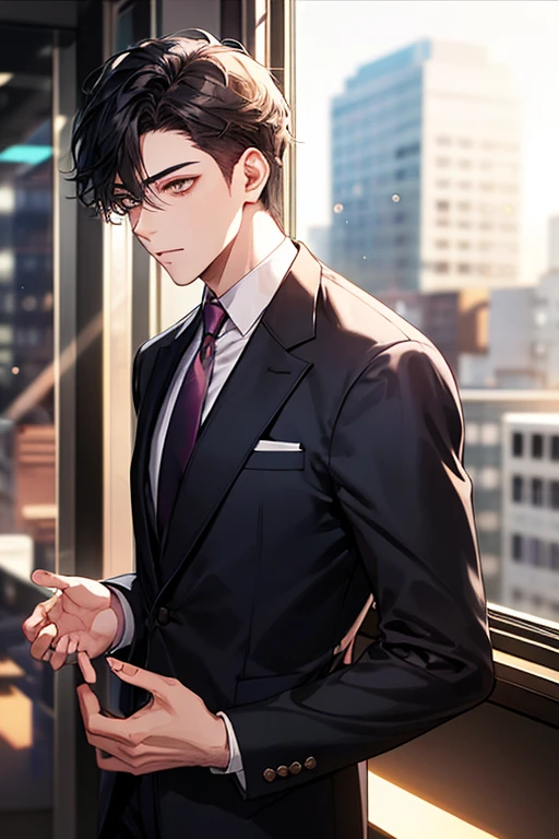 1boy, face focus, adult, business suit, jacket, white shirt, necktie, pants, best quality, hires, detailed face, office, buildings from window, detailed background, diffused sunlight, depth of field, bokeh