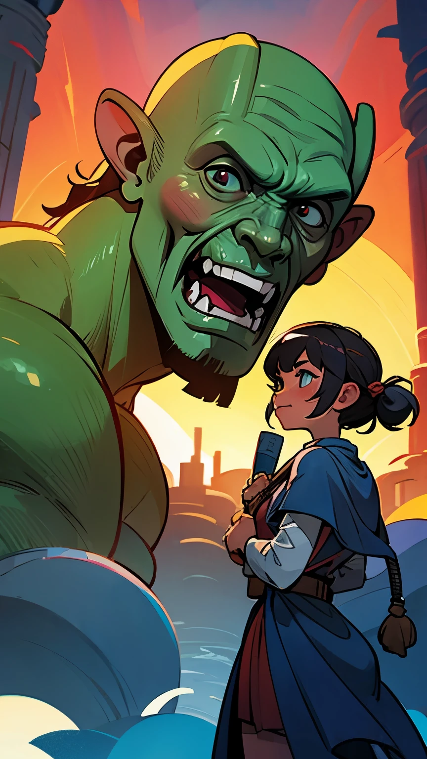 Two young half-orc brothers, where the young half-orc man is doing bicep curls, and the young half-orc woman is hanging on to his arm with just one hand. the young half-orc woman is small and thin, wears the clothing of a simple martial artist, with bandages on their hands. the young half-orc man is tall, has a defined body, but not so big, wears martial artist clothes, and a pirate cape, along with a bandana covering his eyes. Both have pointy ears and green-toned skin.. The drawing must be done in anime lines., prioritizing straight lines in your strokes and using thicker lines.