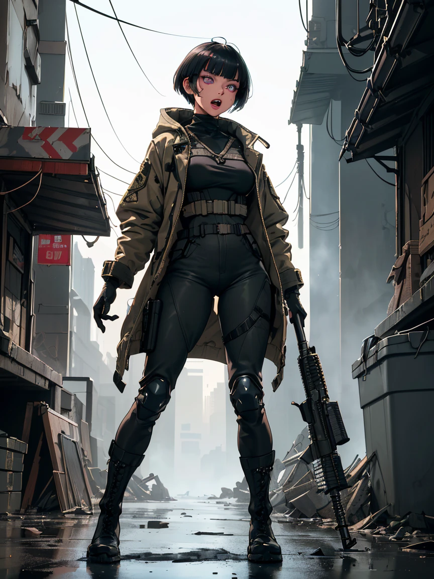 full body, 1a person、Fluttering hair、Beautuful Women、(skin tanned、A detailed face、Detailed facial contours、sharp outline、A detailed eye、Bright pupils、Gradient Eyes:1、finely detailed beautiful eye:1、Symmetrical eyes:1、big highlight on eyes:1.2)、Detailed hair strands、Purple eyes)、abdominals、breasts are medium in size、25-years old、open open mouth、White teeth are visible、Glossy lips、Three-dimensional nose、Three-dimensional lips、(asymmetrical bangs、Long gray hair、short-cut、disheveled hair)、(Army Pants、Military、coat jacket、parka、hand gloves、Army Boots、Tactical Holster、automatic rifle、assault rifle、M16、M4 carbine、HK416、Hold a military rifle、Have a military rifle)、(Fine fingers、detailed arms、detailed human hands)、(in 8K、top-quality、masterpiece、 The ultra -The high-definition、 Top resolution、ighly detailed、 profetional lighting、Near and far law、Post-apocalyptic cyberpunk city、(High dynamic range)、foco nítido:1。4、(Hyper-detailing、finedetail)、