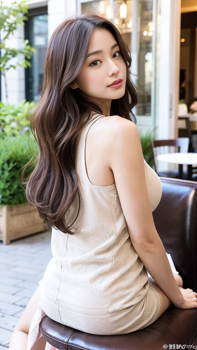 dark brown hair、light brown eyes、Japanese actress face、 lady、looks like him;I'Iは40歳くらいです、(intricate details:1.2)、(which one is the top?:1.4)、 (ultra high resolution:1.2)、ultra high resolution、(finely tuned)、(detailed facial features)、nffsw、8K resolution、D cup size breasts、long hair、Paris、Parisのカフェ、White flowers bloomed at the entrance of the cafe..、Cafe entrance surrounded by flowers、sitting on a chair on the terrace of a cafe、lean against the back of the chair、beautiful feet、full body photo、head to toe shot、