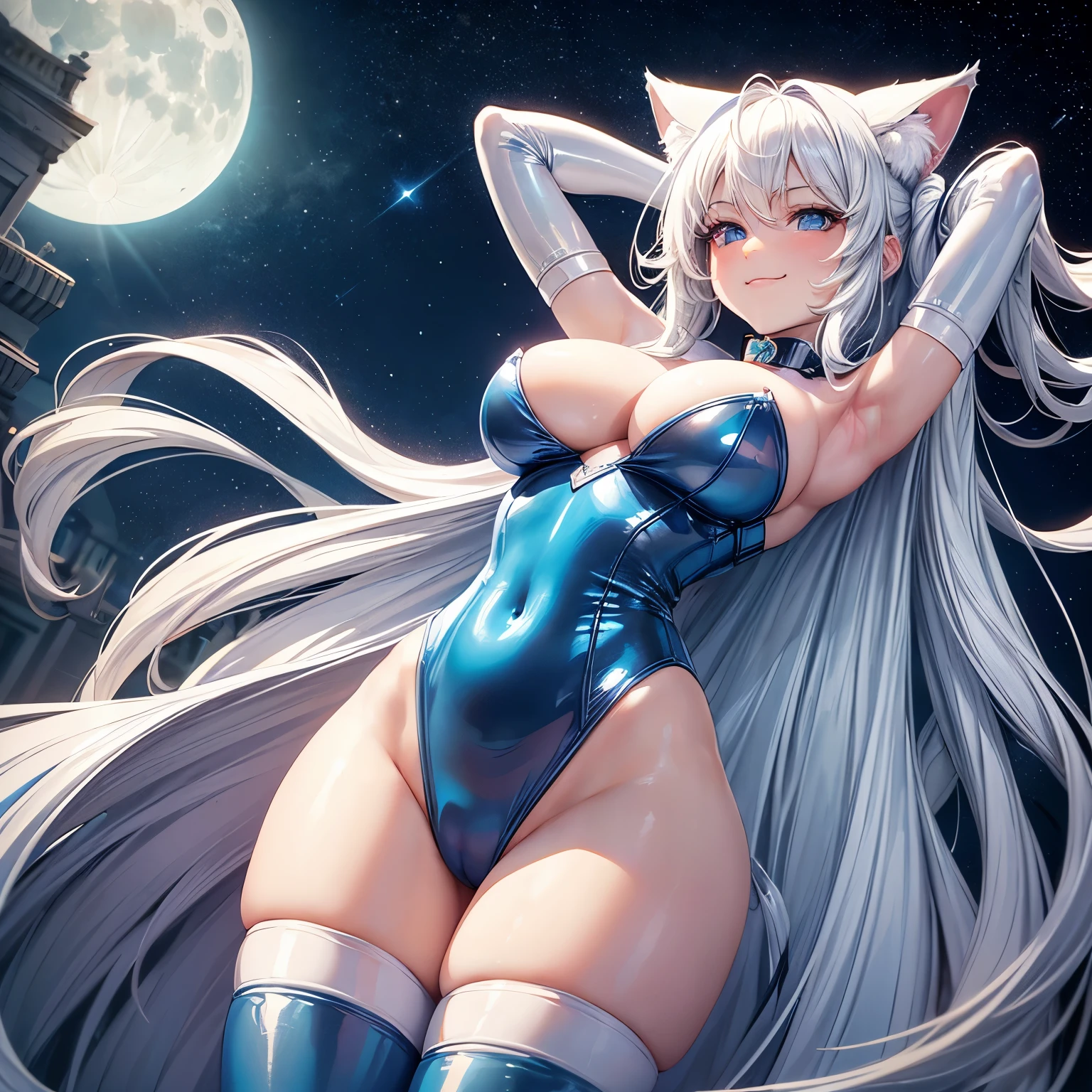 (Masterpiece), ((best quality)), 1girl, ((angle from below)), ((from below)), ((looking down)), smirk, long hair, white hair, cat ears, blue eyes, arms up, ((big breasts)), ((wide hips)), (pastel blue latex bunny suit), moon, stars