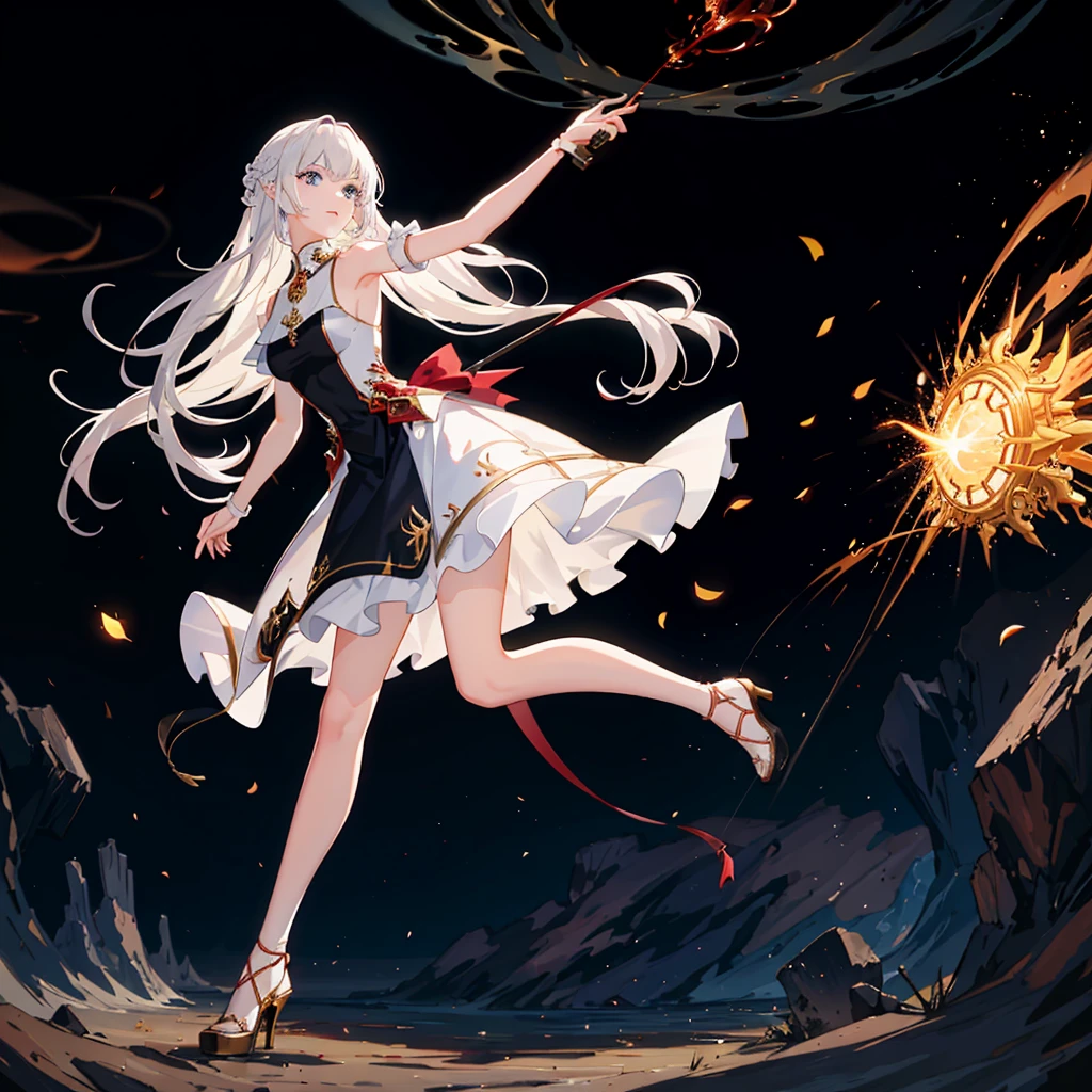 (((full body photo))) (Best quality) (Masterpiece), (Detailed background, Fantasy world), (Beautiful detailed face:1.5), Flow-eyed dragon, Smoke, Flames, spark of light, Flying debris, Intelive Action, 1girll, Full body in red armor, Walk, 看at viewer,Holding a sword,Full body beauty,whaite hair,Pointed face,floated hair,Blue eyes,dynamic angle,blood splattere,sunraise,fully body photo，White color hair，blackstockings