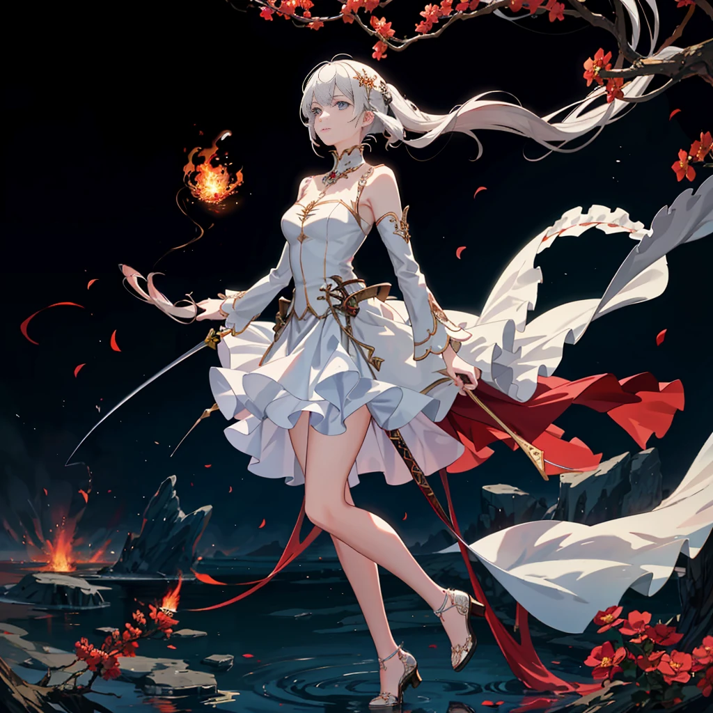 (((full body photo))) (Best quality) (Masterpiece), (Detailed background, Fantasy world), (Beautiful detailed face:1.5), Flow-eyed dragon, Smoke, Flames, spark of light, Flying debris, Intelive Action, 1girll, Full body in red armor, Walk, 看at viewer,Holding a sword,Full body beauty,whaite hair,Pointed face,floated hair,Blue eyes,dynamic angle,blood splattere,sunraise,fully body photo，White color hair，blackstockings