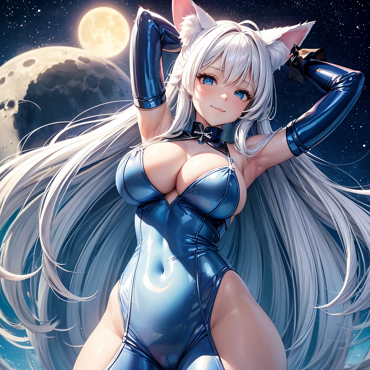 (Masterpiece), ((best quality)), 1girl, ((angle from below)), ((from below)), ((looking down)), smirk, long hair, white hair, cat ears, blue eyes, arms up, ((big breasts)), ((wide hips)), (pastel blue latex bunny suit), moon, stars
