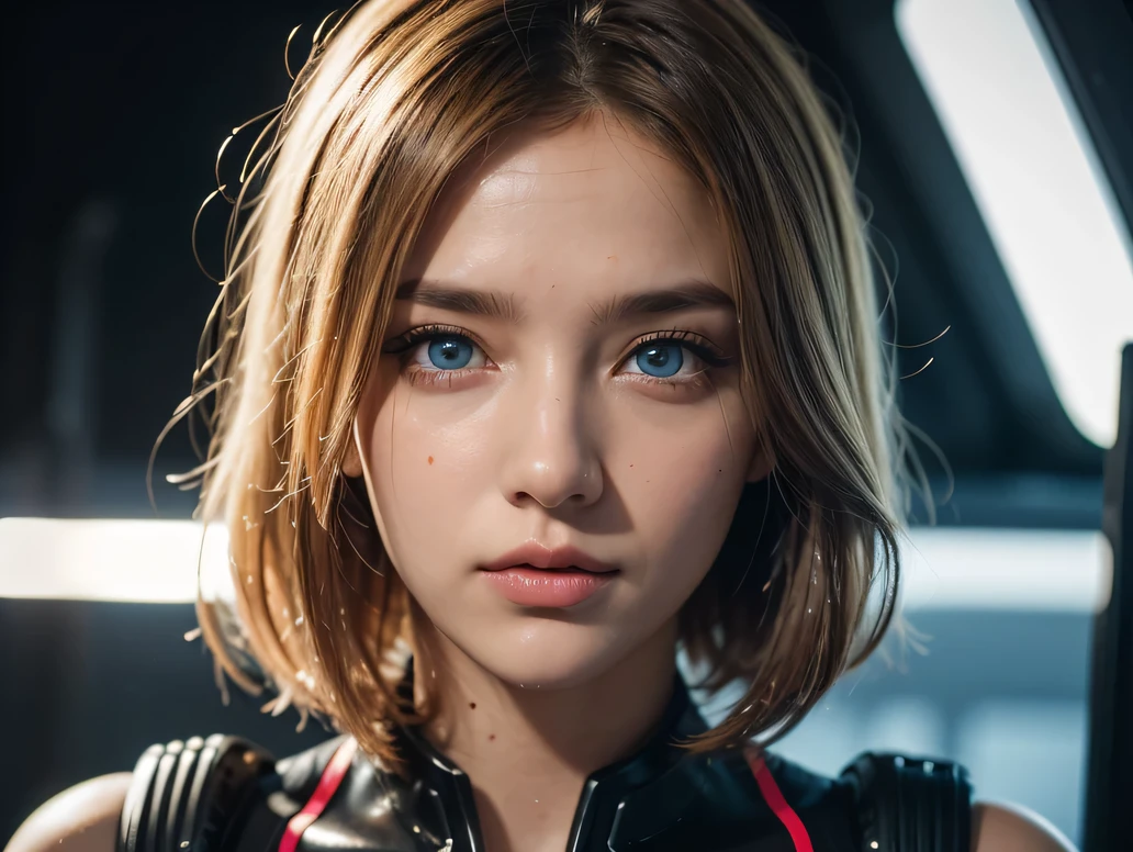 cyberpunk world war 3, cinematic composition, Fantasy digital painting by Greg Rutkowski and James Gurney, Trending at Art Station, very detailed, hyper realistic, realistic, photorealistic, dynamic lighting, very detailed, cinematic landscape, Studio Landscape, studio lighting, rain, cigarette, 1 cute girl, ((idol face)), (symmetrical eyes:1.35), (beautiful and fine eyes:1.65), short wavy blonde hair, wet hair, wet skin, combat uniform,
