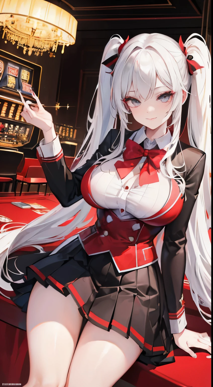 white hair girl,twintail,black eyes,big breast,((Red school uniform)),casino,illustration,highest quality,ultra-detailed,vivid colors,studio lighting,sharp focus (best quality,4k,8k,highres,masterpiece:1.2),extremely detailed eyes and face,longeyelashes,anime,luxury,night scene,beautiful detailed lips,glowing lights,sexy vibe,lively atmosphere,game tables,fancy decorations,golden chandeliers,expensive gambling chips,winning smiles,cocktail glasses,cigarette smoke,confident poses,high-class,rich aesthetic,card games,roulette wheel,playing cards,slot machines,poker chips,money stacks,excitement,thrilling suspense,luck,entertainment.