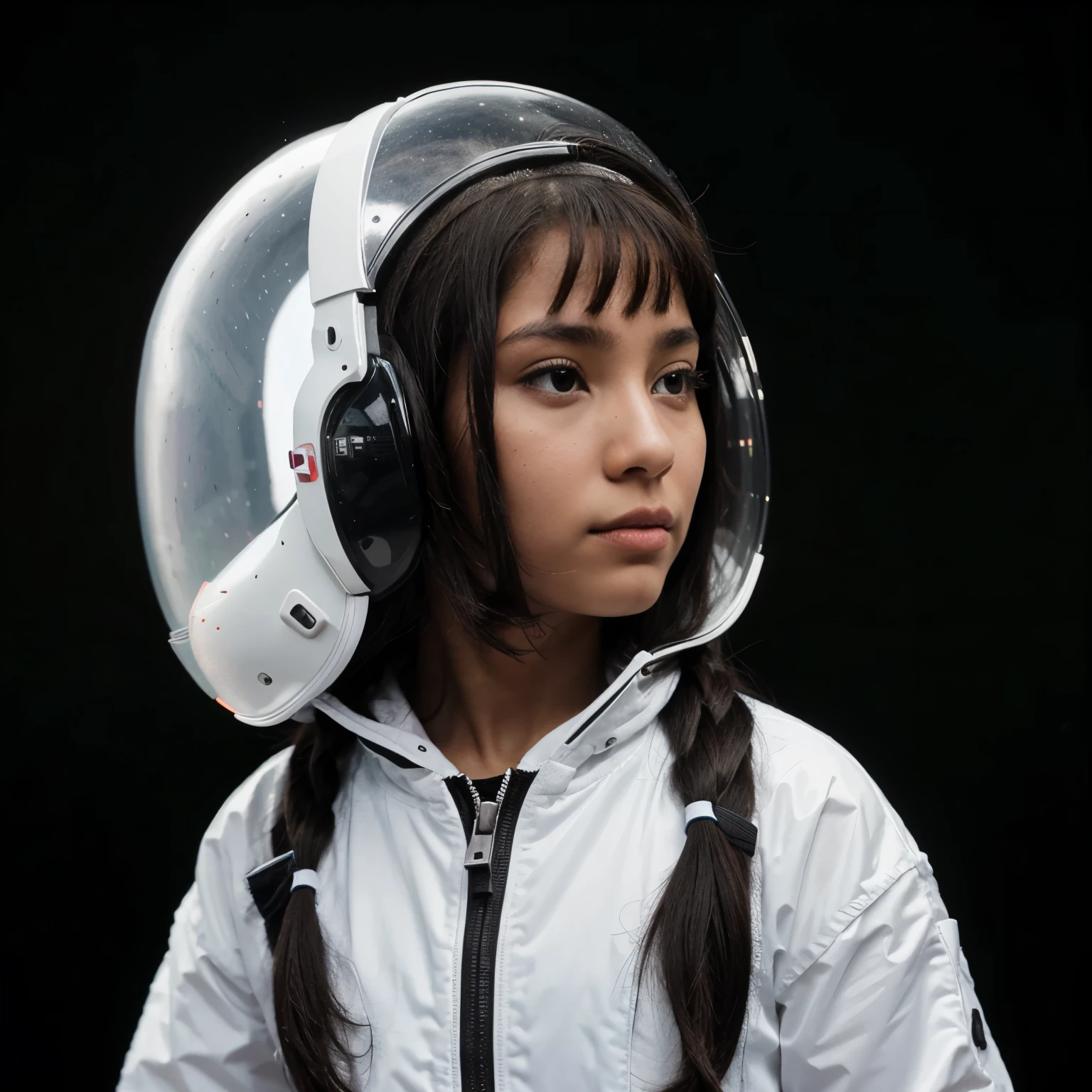 black and white photography, style by Ansel Adams , de perfil, toma de cuerpo completo, plano americano, indigenous Mexican girl, age ten years, mirando a la izquierda, wearing indigenous clothing, On his head he only wears a transparent plastic astronaut helmet., black background, masterpiece.