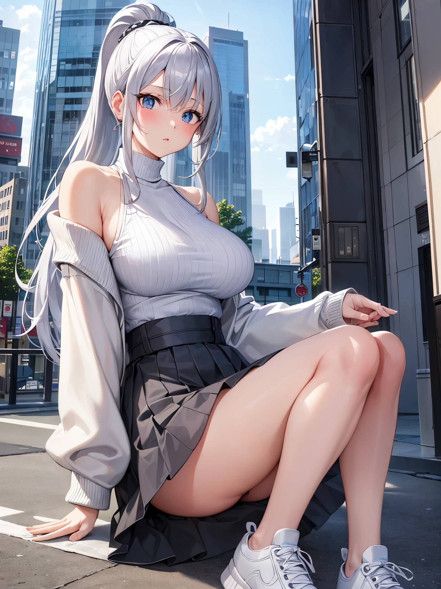 masterpiece:1.3、ultra high resolution:1.3、8K、woman、solo:1.3、big breasts、The style is very good.、White-silver hair、light blue eyes、ponytail、dropped shoulder oversized sweater 、sneakers、skirt、outdoor、Light pointing、apartment、city、blush、real moist skin、Stuffy、wet