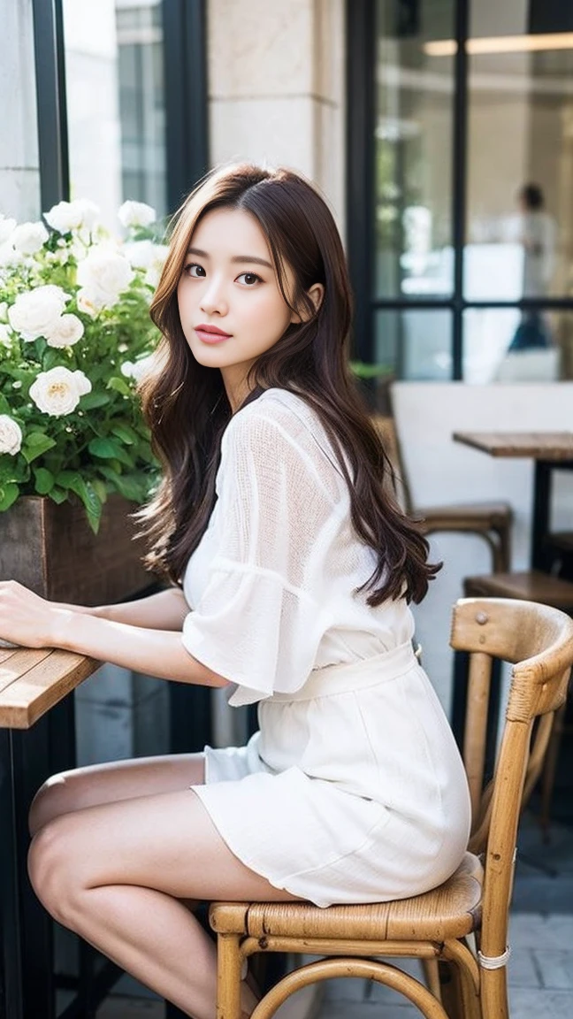 dark brown hair、light brown eyes、Japanese actress face、 lady、looks like him;I'Iは40歳くらいです、(intricate details:1.2)、(which one is the top?:1.4)、 (ultra high resolution:1.2)、ultra high resolution、(finely tuned)、(detailed facial features)、nffsw、8K resolution、D cup size breasts、long hair、Paris、Parisのカフェ、White flowers bloomed at the entrance of the cafe..、Cafe entrance surrounded by flowers、sitting on a chair on the terrace of a cafe、lean against the back of the chair、beautiful feet、full body photo、head to toe shot、