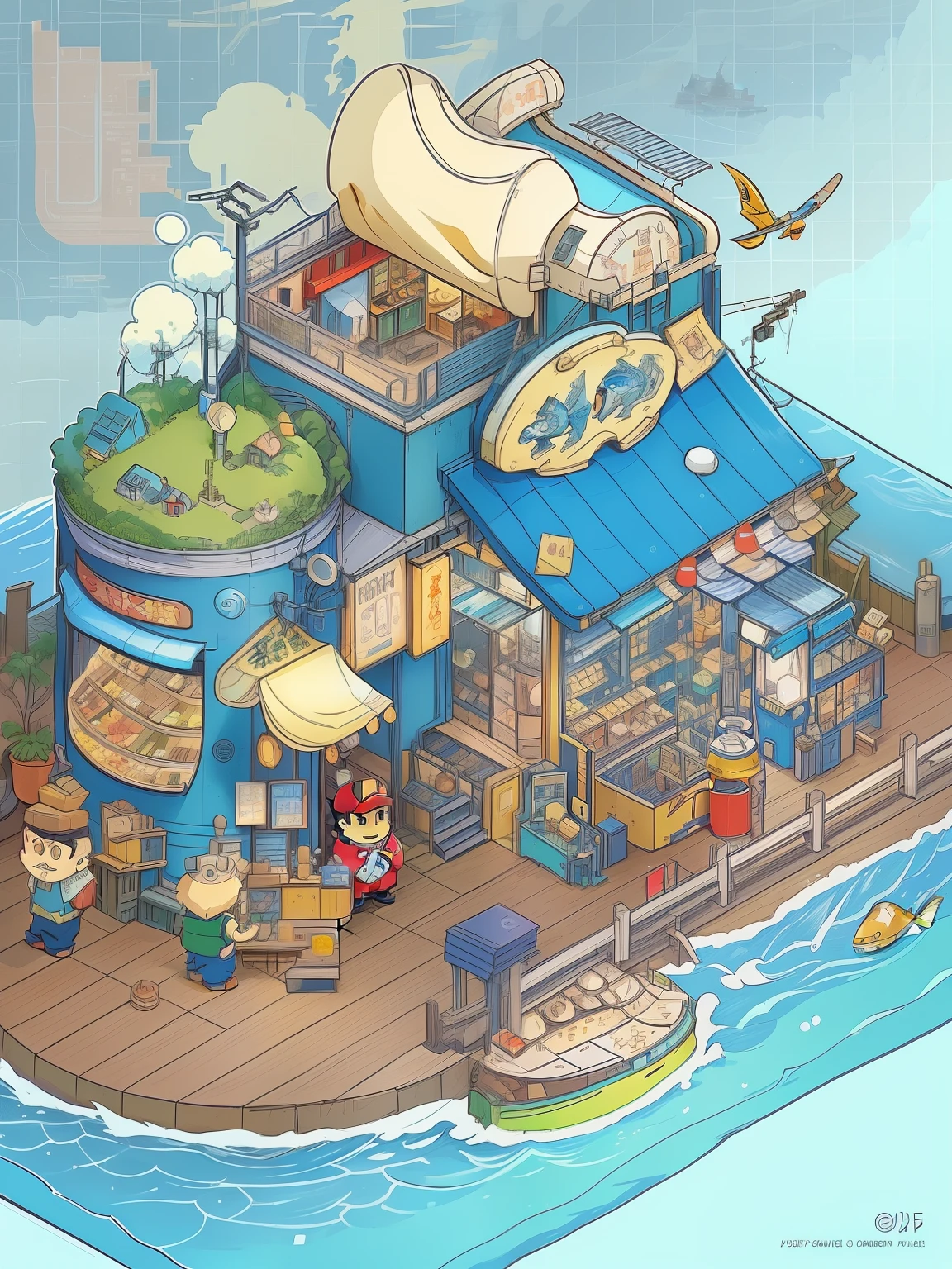 an image of anime designs&#39;un magasin avec un poisson et d&#39;autres articles, Underwater market, animated background art, Fanart de jeu 2D, Ville de pêcheurs, style d&#39;illustration lo-fi, Tokyo - ville esque, japanese cartoon style, paysage urbain de style anime, devant la boutique de ramen, Retro Lo-Fi video game, Scene d&#39;anime de Tokyo, Style artistique du Studio Ghibli, illustration 2D, illustration 2D