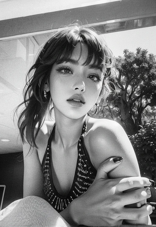 araffe woman sitting on a bench with a cigarette in her hand, by Arthur Sarkissian, by Leo Michelson, with bangs, by Thomas Fogarty, with full bangs, by Leila Faithfull, kiko mizuhara, 💋 💄 👠 👗, by Gavin Hamilton, cynthwave, in black and white, intense smoldering, blackpink, blackpink jisoo, rosè, jennie, blackpink Lisa, Lalisa Manoban, Korean female face
