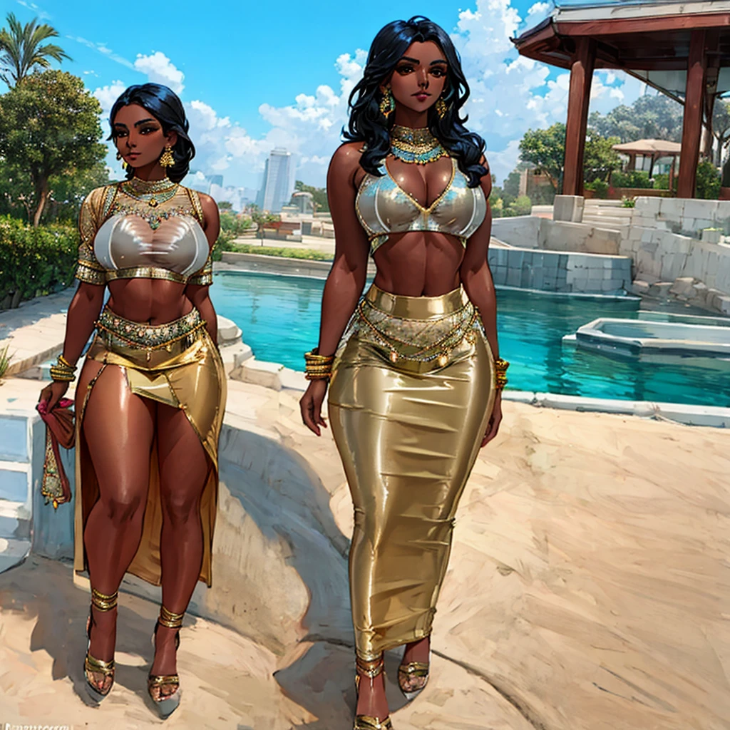 beautiful dark skinned indian bimbo ifbb bimbo, reflective gold shiny bra, translucent white top, bra visible through clothes, iridescent high-waisted sheer medium_lpskirt