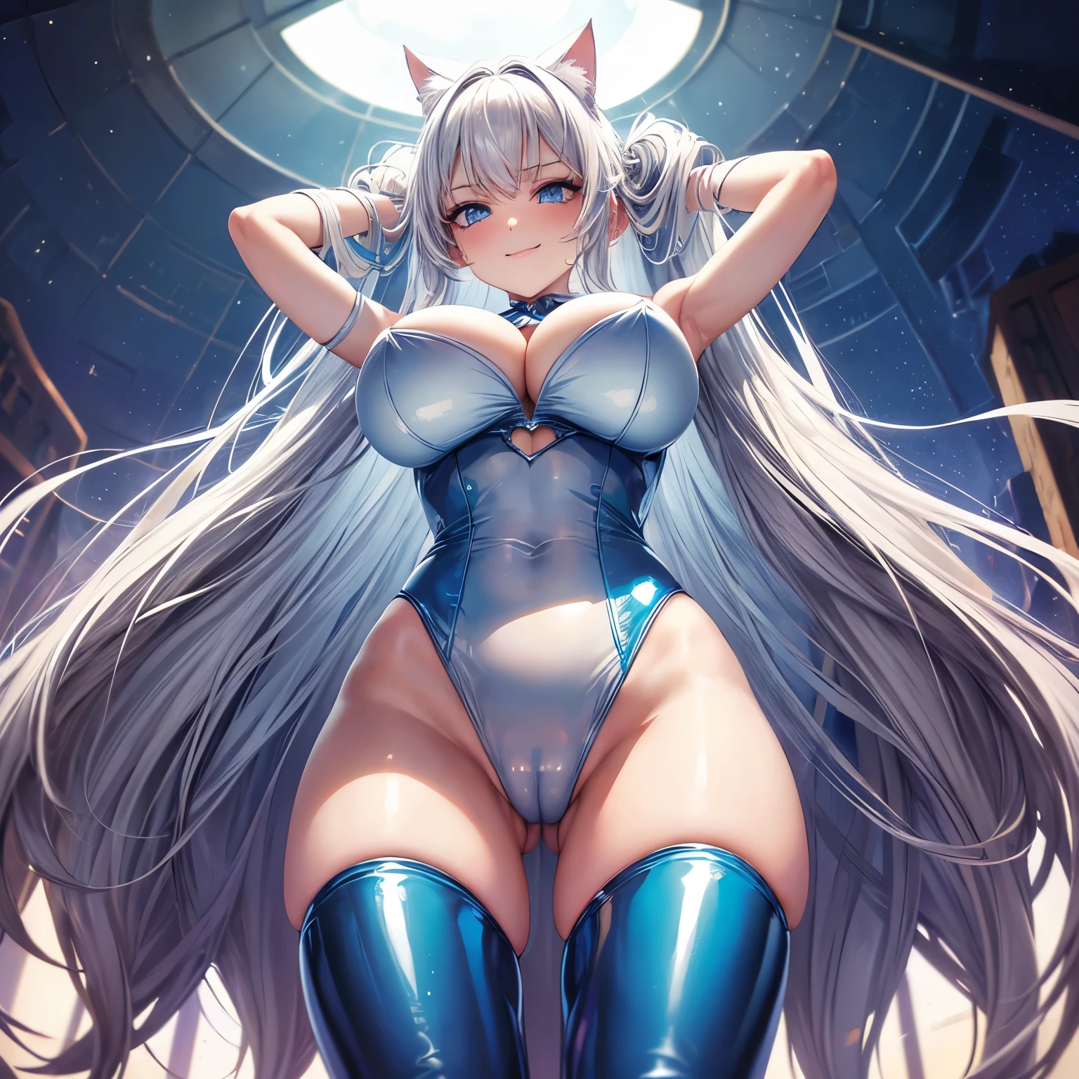 (Masterpiece), ((best quality)), 1girl, ((angle from below)), ((from below)), ((looking down)), smirk, long hair, white hair, cat ears, blue eyes, arms up, ((big breasts)), ((wide hips)), (pastel blue latex bunny suit), stars
