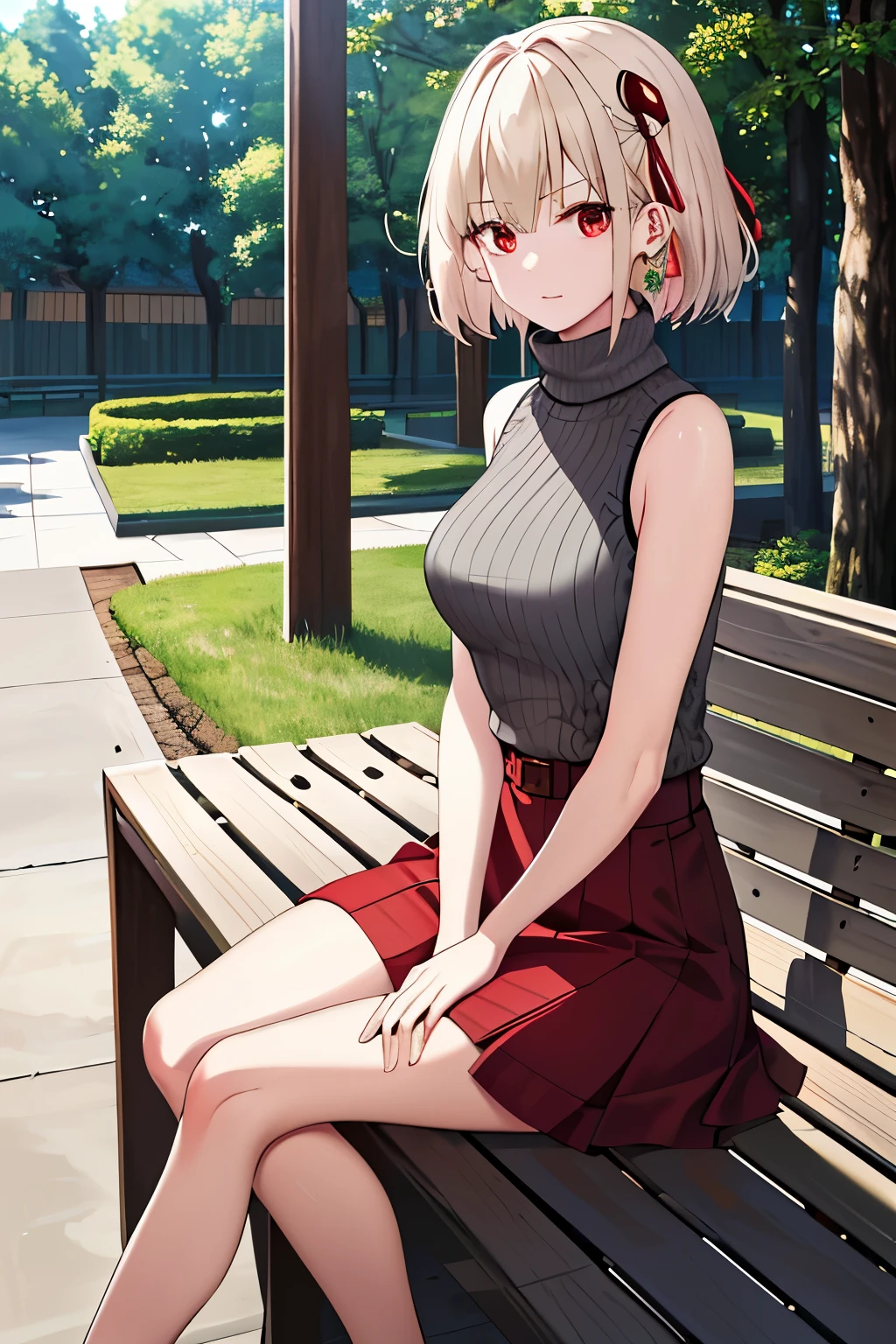 masterpiece, best quality, high resolution, fiona1, spy × family, hair_over_one_eye, solo, earrings, chest, expressionless, sweater dress, turtleneck sweater, sleeveless, outdoors, sitting, bench, platinum blonde, medium hair, red eyes