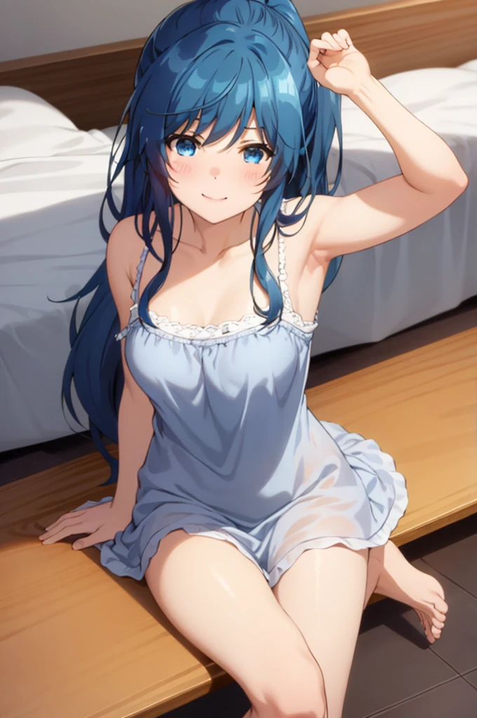  blue hair, blue eyes, long hair, ponytail,blush、Bedroom、masterpiece、first-class、perfect lit、by 1girl、BREAK Bedroom、BREAK while looking at the audience seats、Muscle growth、wrapping、sexy pose、Bewitching legs、solo、Medium chest、Light nightgown、transparent underwear、smile、solo、Lying down or、(blush:1.2)、valley
