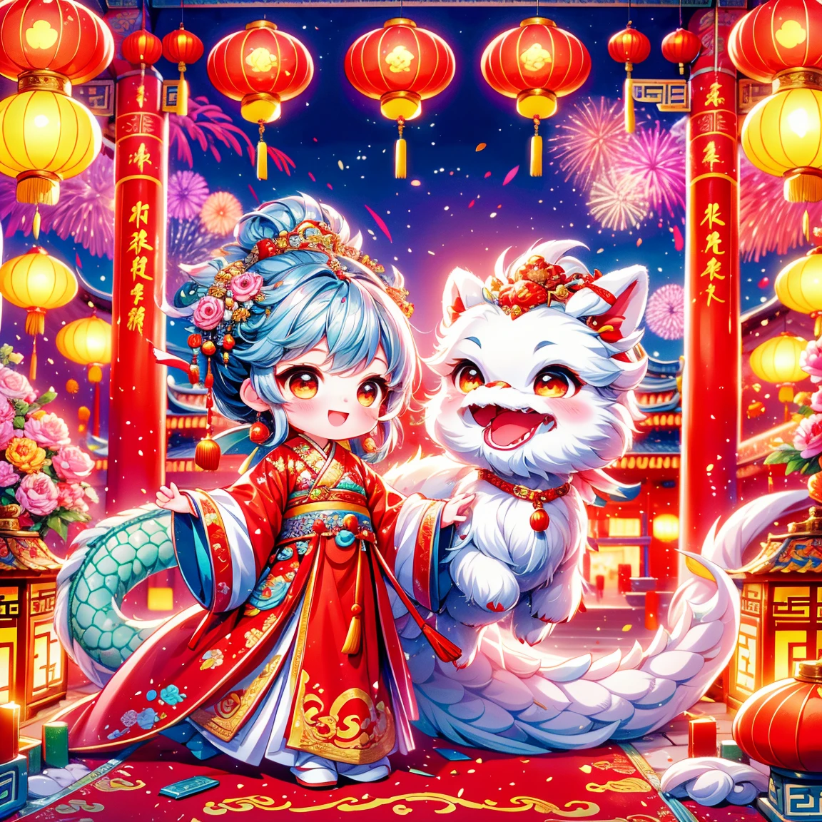 Continue with the enchanting and vibrant style of ancient Chinese folklore, depicting a younger, approximately 2-year-old little princess. The scene features this extremely adorable toddler princess, accompanied by a fluffy, mythical Chinese baby dragon. The backdrop is a Chinese New Year celebration, complete with traditional festive elements such as fireworks, firecrackers, and red spring couplets. The atmosphere should be joyous and magical, focusing on the endearing interaction between the young princess and her mythical companion amidst the colorful and lively Spring Festival celebrations. The image should blend ancient Chinese cultural elements with an extra layer of cuteness, emphasizing the very young and adorable nature of the princess.