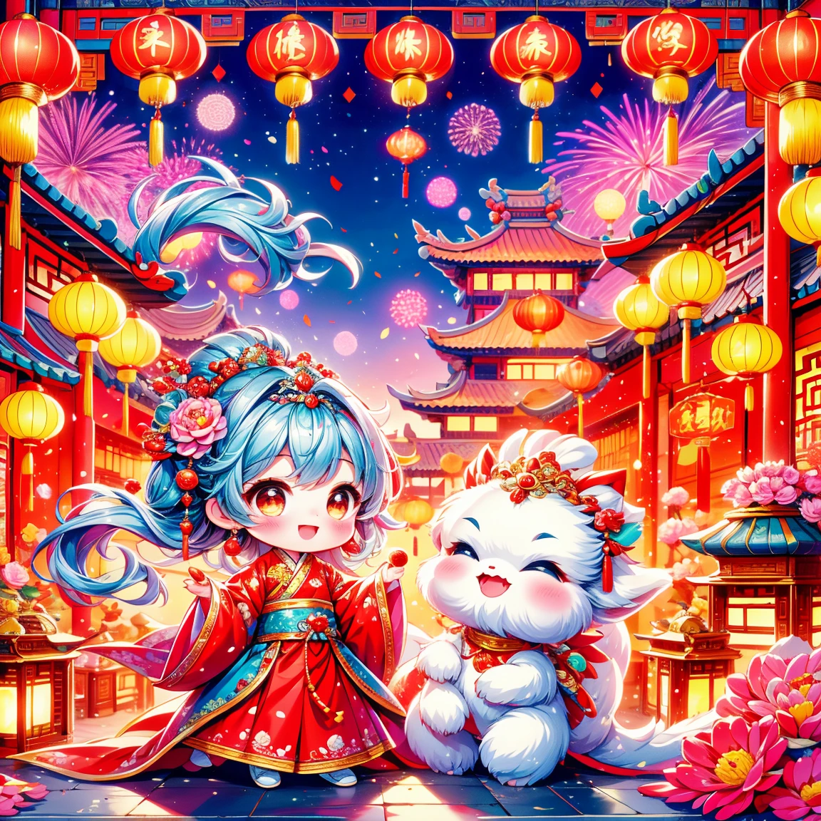 Continue with the enchanting and vibrant style of ancient Chinese folklore, depicting a younger, approximately 2-year-old little princess. The scene features this extremely adorable toddler princess, accompanied by a fluffy, mythical Chinese baby dragon. The backdrop is a Chinese New Year celebration, complete with traditional festive elements such as fireworks, firecrackers, and red spring couplets. The atmosphere should be joyous and magical, focusing on the endearing interaction between the young princess and her mythical companion amidst the colorful and lively Spring Festival celebrations. The image should blend ancient Chinese cultural elements with an extra layer of cuteness, emphasizing the very young and adorable nature of the princess.