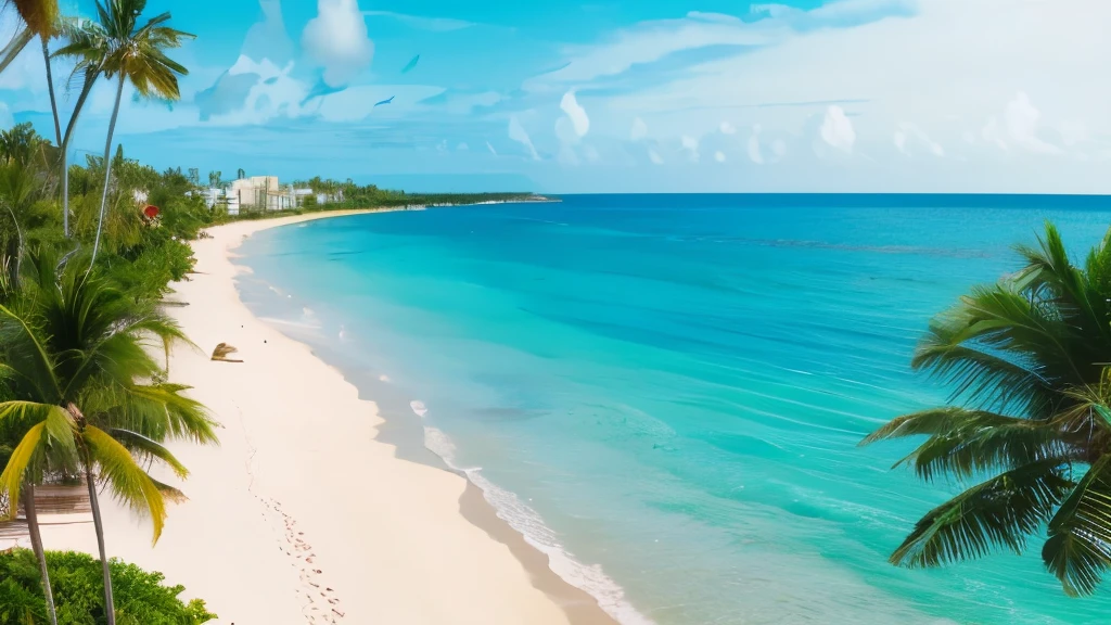 Beach with beautiful coastline. Palm trees and caribbean sea. Color water is turquoise, white sand and green palm trees. Little foaming waves. East National Park isla Saona, Dominican Republic, looks real photo