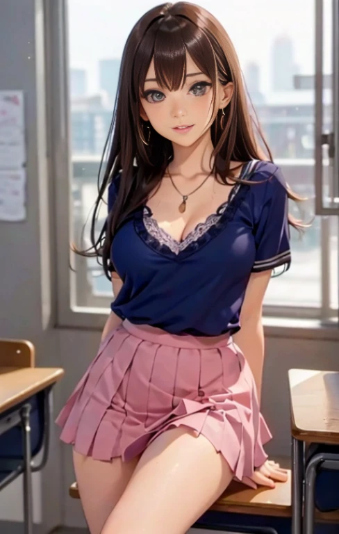 (masutepiece: 1.3), (max resolution: 1.2), (Ultra HDTV: 1.2), cinematric light, Ultra HDTV, (Detailed eyes and skin), (detailed facial features), nffsw, 8K resolution, Sharp Focus: 1.2, Perfect Style, Beautiful face, Perfect body, 准确, Anatomically correct, Highly detailed face and skin texture, Detailed eyes, Dark-blue eyes, Double eyelids, Thin eyebrows, Glitter Eyeliner: 1.2, Natural cheeks, Glossy skin, Fair skin: 1.2, shiny little necklace and earrings, (Glossy lips: 1.4), BREAK, One-person viewpoint, (She is a very cute female teacher), (Pink lace bra, blanche Pink lace panties), (Seductive smile: 1.2), ((a Innocent and cute girl:1.3)), (Long Wave Hair), (ligh brown hair:1.2), (Cowboy Shot: 1.2), BREAK, ((Very intimate relationships: 1.2)), medium large breasts, ((Looking at Viewer:1.2)), ((In the classroom of the school:1.2)), ((Bend your knees and open your legs wide:1.2)), (From Side:1.2),low angle shot,FULL BODYSHOT Tennis Wear pleatedskirt,large breast,pointy breast,