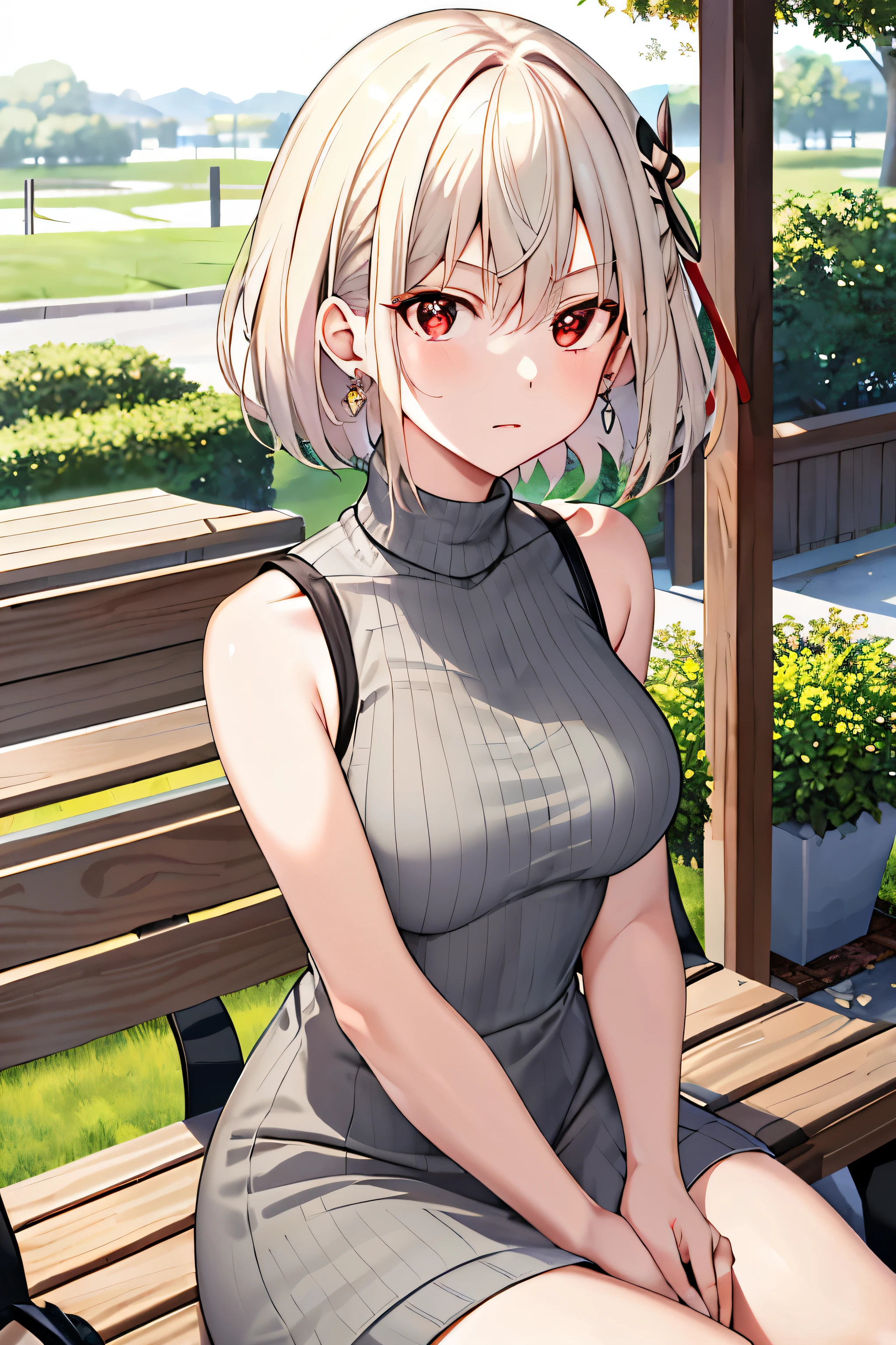 masterpiece, best quality, high resolution, fiona1, spy × family, hair_over_one_eye, solo, earrings, chest, expressionless, sweater dress, turtleneck sweater, sleeveless, outdoors, sitting, bench, platinum blonde, medium hair, red eyes