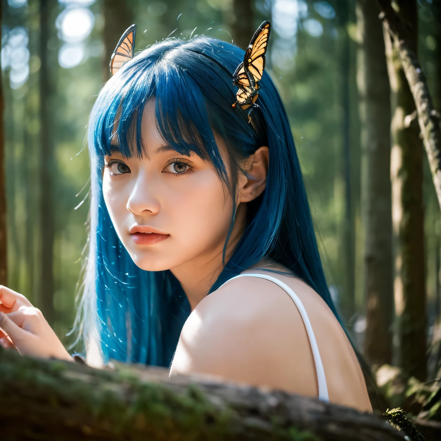 ((1 girl, alone)), masterpiece, superlative, portrait, hyper detail, figure, close, luxury background, straight shot, blue hair, purple eyes, (focus on face), stare into the distance, forest, sun, Wind, butterfly, studio lighting, Horizontal axis, wood, lake, Are standing, hired \(genshin impact), double horn, bare shoulders, tights
