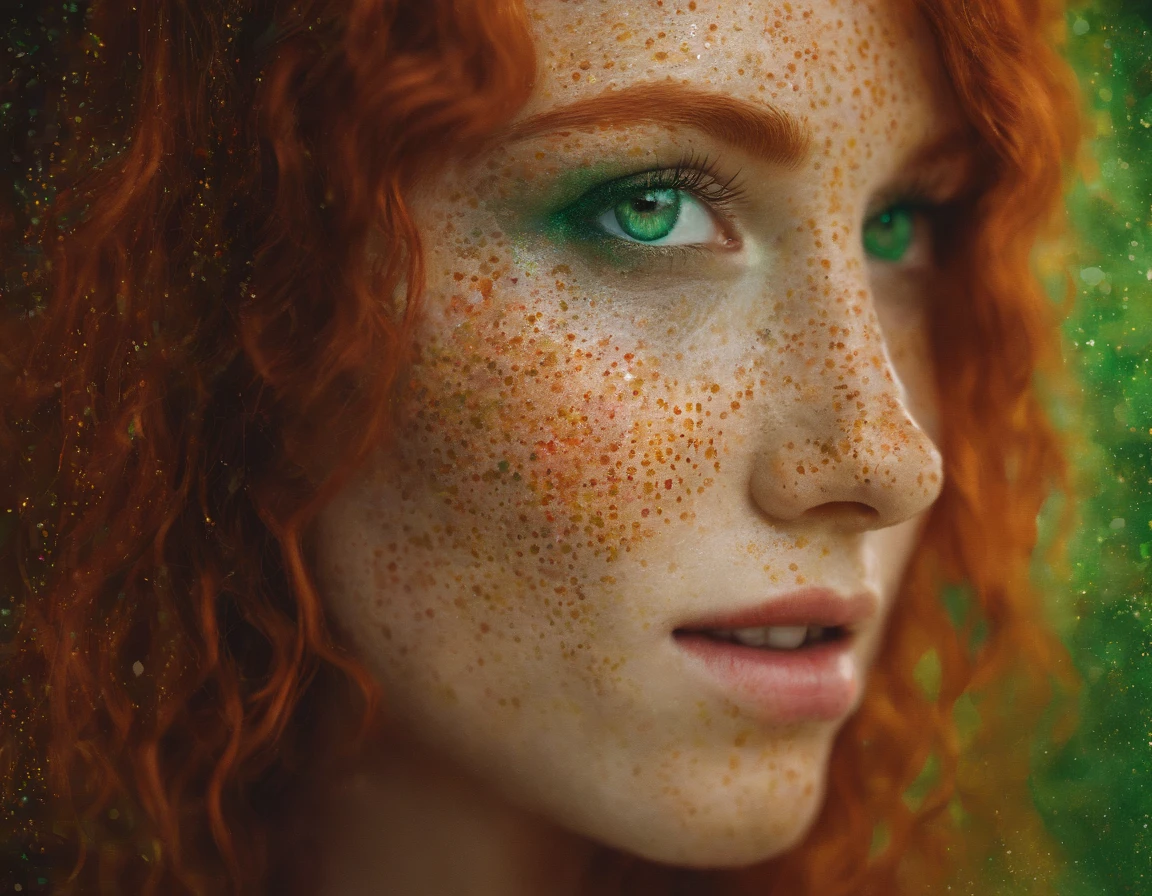 Create an Image redhead with green eyes, in a etherial setting