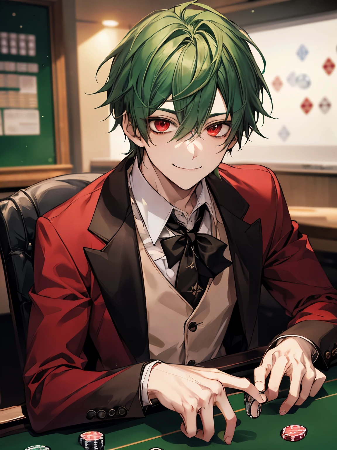 Green hair and eyes, young boy, teenager, , school, red suit, black tie, smiling, male, poker chips, red eyes,