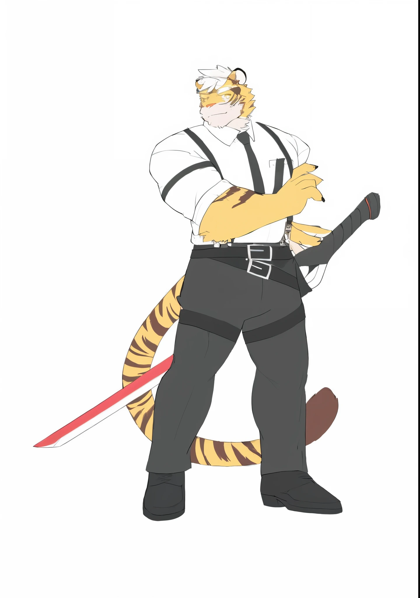 kosutora, furry tiger, orange fur, white hair, white shirt with suspender and black tie, visor glasses, muscle, chubby, bulge, anime character dressed in black and white holding a sword, anthropomorphic tiger, anime style character, official character art, with large sword, official character illustration, single character full body, anime character, full body character, full body with costume, ( ( character concept art ) ), full body single character, rpg portrait full body, demon slayer rui fanart