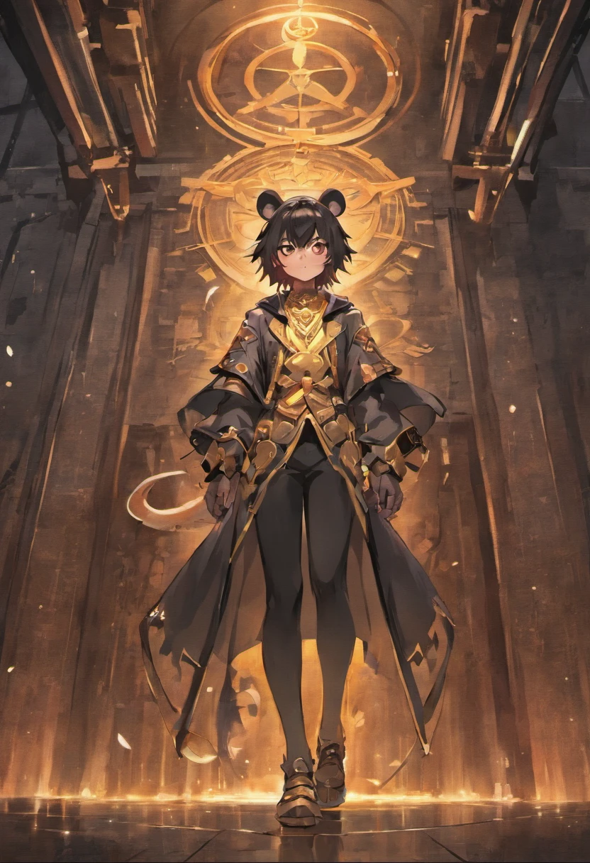 rat, zodiac sign，whole body，Statue made of copper and iron，face clear，There is a man standing in front of the statue