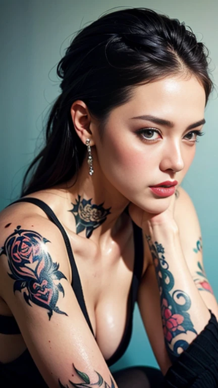 a painting of a woman with tattoos on her body, beautiful detailed body and face, inked, girl portrait, beautiful and realistic, gorgeous woman, detailed beautiful portrait, with tattoos, beautiful artwork, tattoos and piercings, tattooed body, detailed woman ,medium body shot ,tattoo room background ,free pose