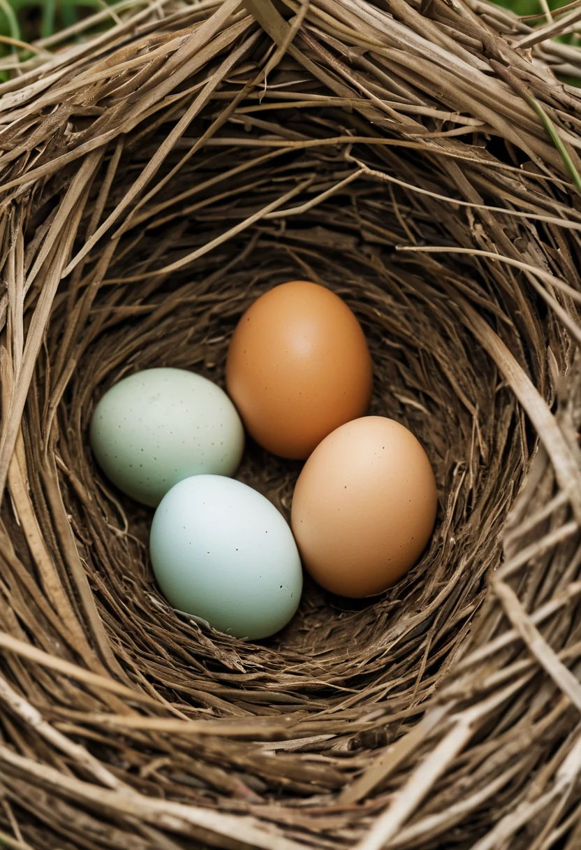 a nest with four eggs and one  bird in it 