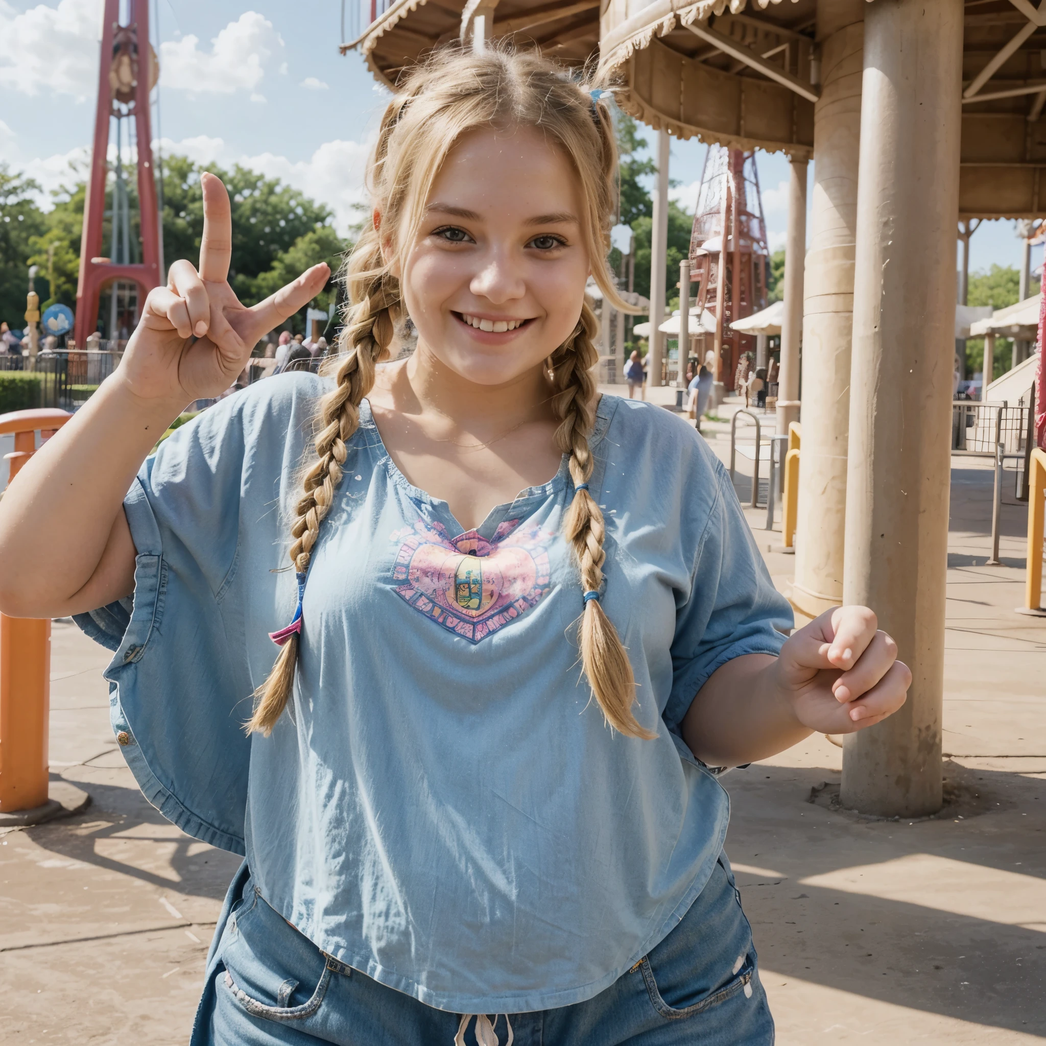 Photo of, 20 year old woman, slightly overweight, blonde pigtails, boho chic clothing, smiling, making peace sign with hands, at six flags amusement park, sunny