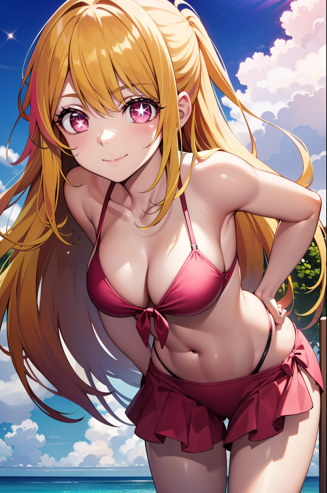 1 Grill, Hoshino Ruby, (yellow hair:1.5), long hair, (pink eyes:1.5), side lock, (Star pupil of the left eye:1.5), (Pink right eye:1.5)
side-tie bikini, Red and white bikini, (leaning forward:1.3), (put your hand on your butt:1.3), (put your hands behind your back:1.3)
breaking looking at viewer, (morning:1.3), beach background, Asahi, White light, beautiful sky, destroy the beautiful clouds (masterpiece:1.2), highest quality, High resolution, unity 8k wallpaper, (shape:0.8), (beautiful and detailed eyes:1.6), highly detailed face, perfect lighting, Very detailed CG, (perfect hands, perfect anatomy), smile