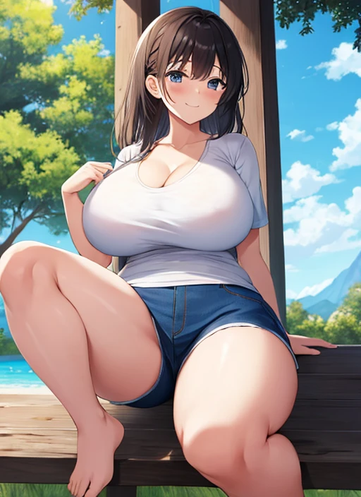 1girl, huge breasts, white skin, fat, fat legs huge thighs, huge hips, smug smile, barefoot, full body view, tight shorts, no shirt,