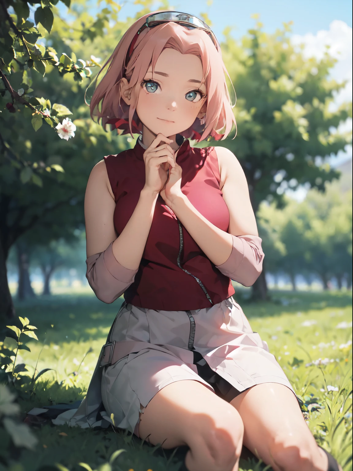 (masterpiece, best quality),1woman , Sakura from Naruto with pink hair sitting in a field of green plants and flowers, her hand under her chin, warm lighting, white dress, blurry foreground