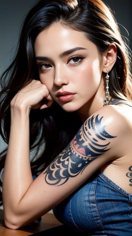 a painting of a woman with tattoos on her body, beautiful detailed body and face, inked, girl portrait, beautiful and realistic, gorgeous woman, detailed beautiful portrait, with tattoos, beautiful artwork, tattoos and piercings, tattooed body, detailed woman ,medium body shot ,tattoo room background ,free pose