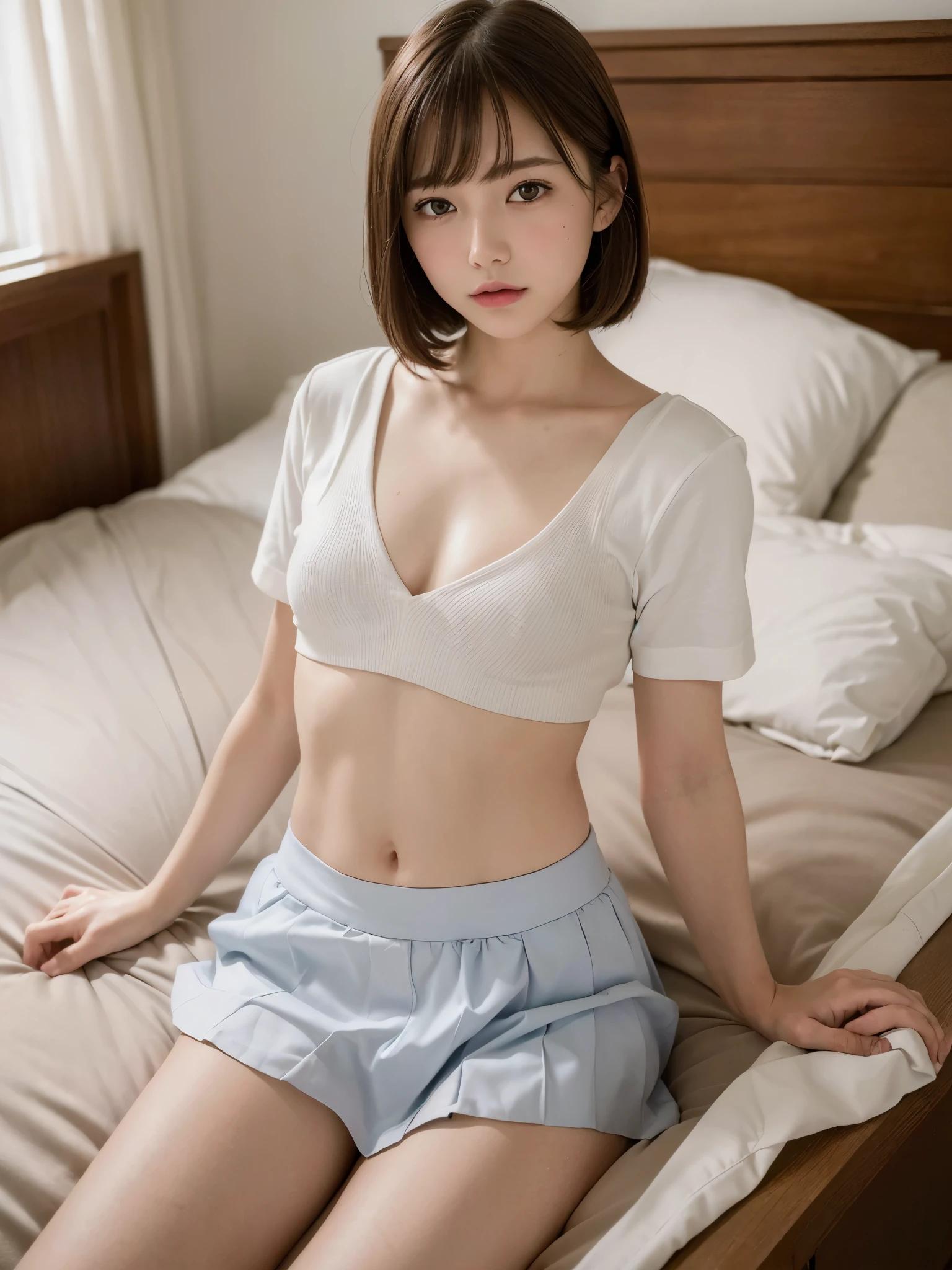 woman　Japanese　24-years-old　165cm　42㎏　Bust 92cm E cup　Waist: 58cm　Hips 90cm　beauty　baby face　He looks at me breathlessly with a slightly red face..。　Clothing is a camisole　No underwear　　inside the room　she is lying on the bed、Waiting for a man with an expectant expression.。create an image like this。