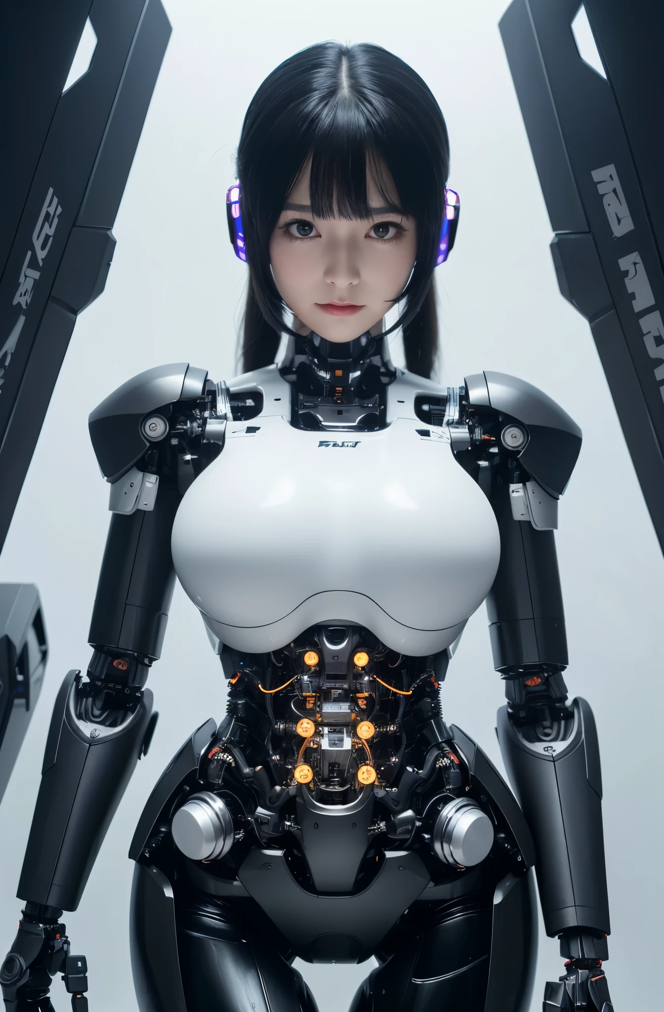 (photorealistic:1.4), (RAW photo)masterpiece, best quality, extremely detailed, (8K, 4K, Best Quality, hight resolution, 超A high resolution:1.1), (masutepiece, Realistic, Photorealsitic:1.1),8k portrait, Japaese android Girl,Plump , dark black leg cover,announcer,control panels,android,Droid,Mechanical Hand, Robot arms and legs, Black Robot Parts,Black hair,Mechanical body,Blunt bangs,perfect mechanical abdomen,White robotics parts,perfect robot woman,future laboratory,cyber pank,charging spot,laboratory,long tube,thick cable connected her neck,ceramic body ,perfect mechanical body, white robot body,lod antenna,mechanical ear cover,android,robot humanoid,black sponge joints,The removable cover is in the groin,The connection port is in the groin,opened chest panel,access panel on the chest,opened breast panel,mechanical breast,perfect machine body,She has repaired,assembly plant,