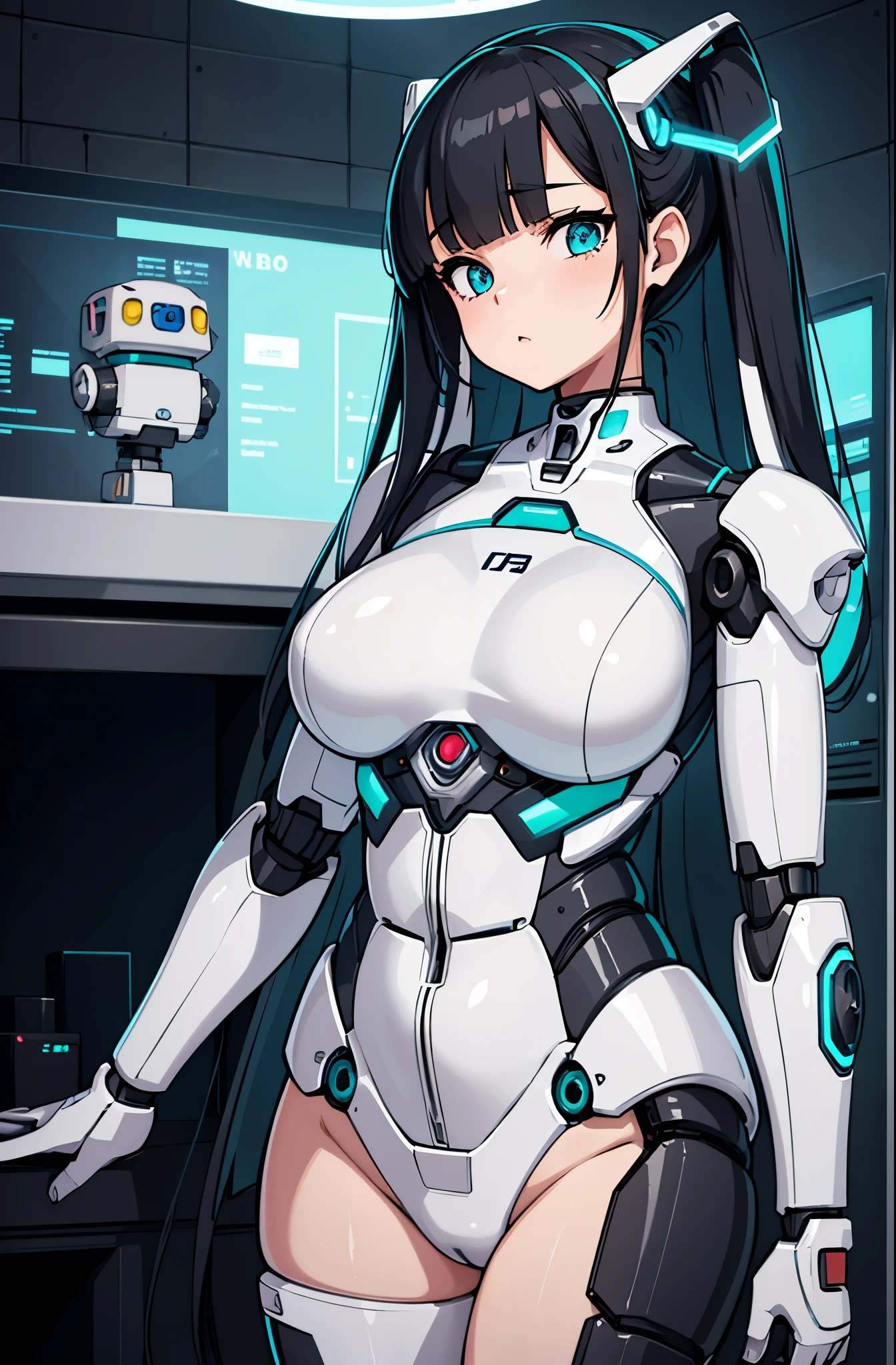 masutepiece, Best Quality, Extremely detailed,   8K portrait,1girl in, Japaese android gid,Plump , announcer,control panels,android,Droid,Mechanical Hand, ,Robot arms and legs, Black hair,Mechanical body,Blunt bangs,White Robotics Parts,perfect robot woman,Charging spot,Long Tube,A thick cable was connected to her neck,ceramic body ,Mechanical body, mechanical ear covers,android,robot humanoid,a bit chubby,panty,full eyes,perfect mechanical body,white robotics body,future laboratory,android factory,mechanical ear cover,white and aqua uniform,costume with aqua accents,