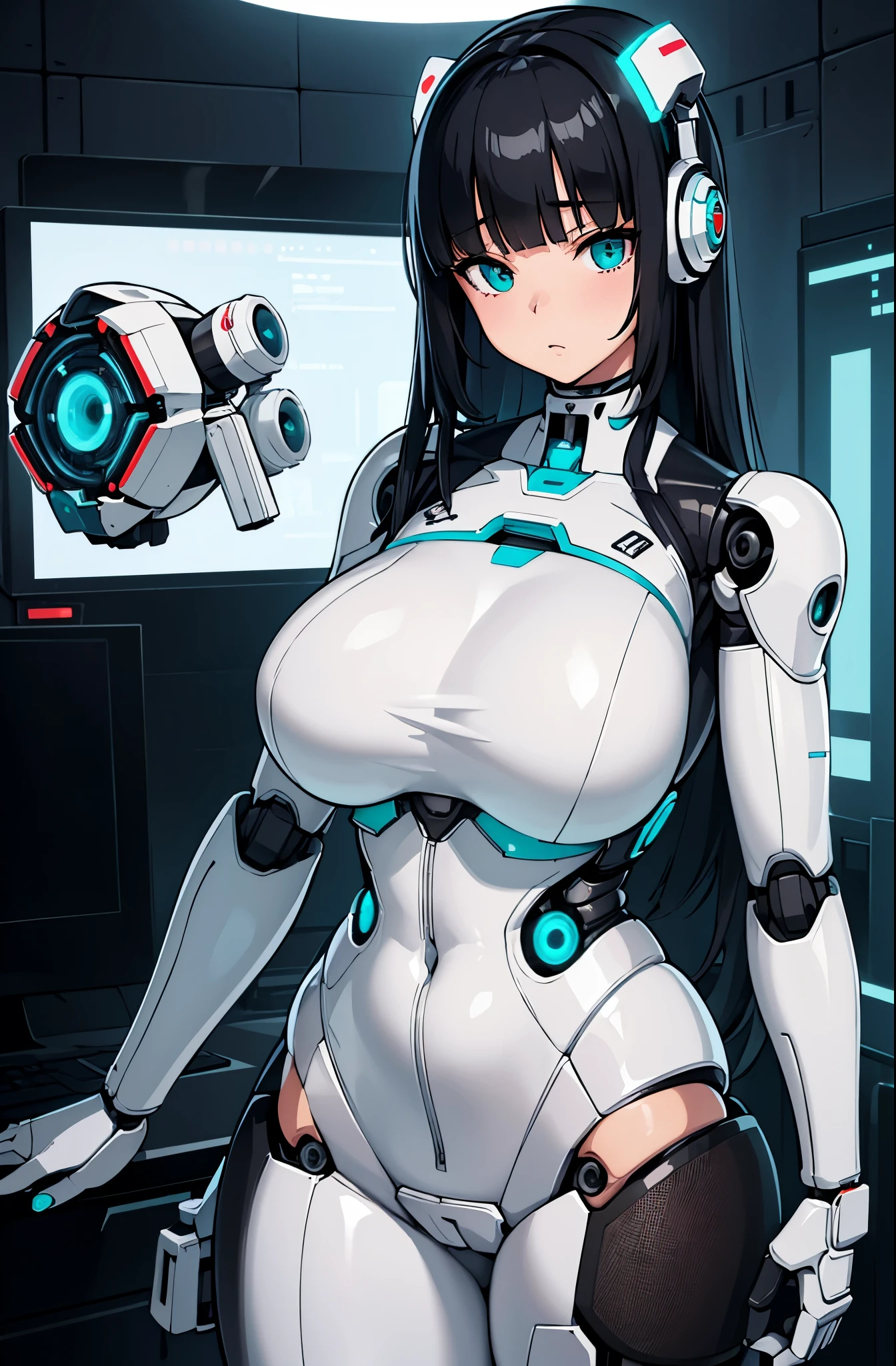 masutepiece, Best Quality, Extremely detailed,   8K portrait,1girl in, Japaese android gid,Plump , announcer,control panels,android,Droid,Mechanical Hand, ,Robot arms and legs, Black hair,Mechanical body,Blunt bangs,White Robotics Parts,perfect robot woman,Charging spot,Long Tube,A thick cable was connected to her neck,ceramic body ,Mechanical body, mechanical ear covers,android,robot humanoid,a bit chubby,panty,full eyes,perfect mechanical body,white robotics body,future laboratory,android factory,mechanical ear cover,white and aqua uniform,costume with aqua accents,