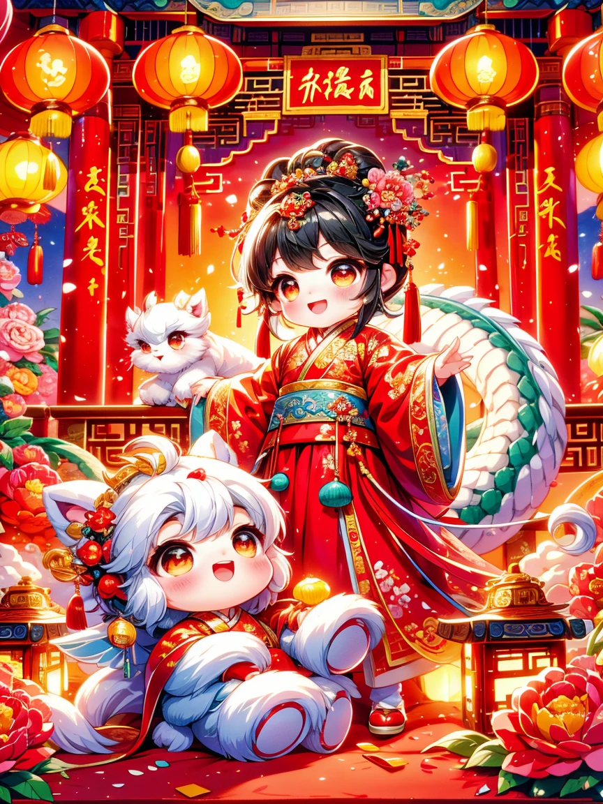 Continue with the enchanting and vibrant style of ancient Chinese folklore, depicting a younger, approximately 2--old ncess. The scene features this extremely adorable toddler prince, accompanied by a fluffy, mythical Chinese baby dragon. The backdrop is a Chinese New Year celebration, complete with traditional festive elements such as fireworks, firecrackers, and red spring couplets. The atmosphere should be joyous and magical, focusing on the endearing interaction between the young princess and her mythical companion amidst the colorful and lively Spring Festival celebrations. The image should blend ancient Chinese cultural elements with an extra layer of cuteness, emphasizing the very young and adorable nature of the princess.