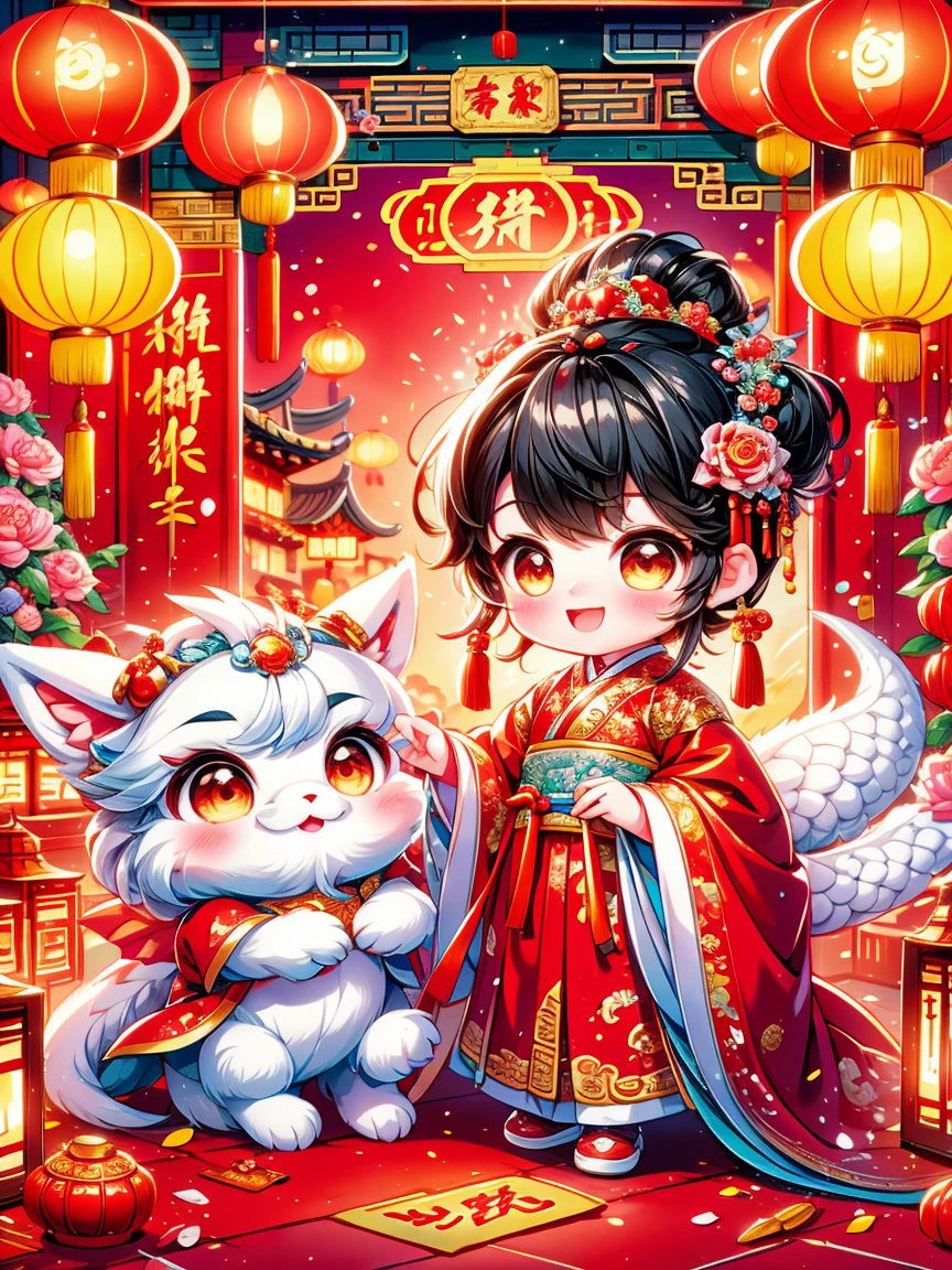 Continue with the enchanting and vibrant style of ancient Chinese folklore, depicting a younger, approximately 2--old ncess. The scene features this extremely adorable toddler prince, accompanied by a fluffy, mythical Chinese baby dragon. The backdrop is a Chinese New Year celebration, complete with traditional festive elements such as fireworks, firecrackers, and red spring couplets. The atmosphere should be joyous and magical, focusing on the endearing interaction between the young princess and her mythical companion amidst the colorful and lively Spring Festival celebrations. The image should blend ancient Chinese cultural elements with an extra layer of cuteness, emphasizing the very young and adorable nature of the princess.