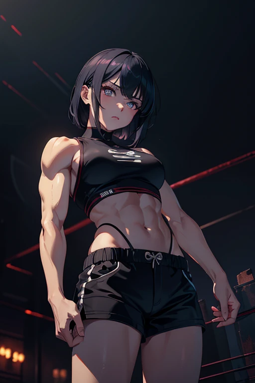 masterpiece, best quality, high resolution, detailed, 1 occult beautiful girl, short pants, intence eyes, middle hair, お団子, muscle, fighter, anime, simple background, (dark atmosphere:1.3)