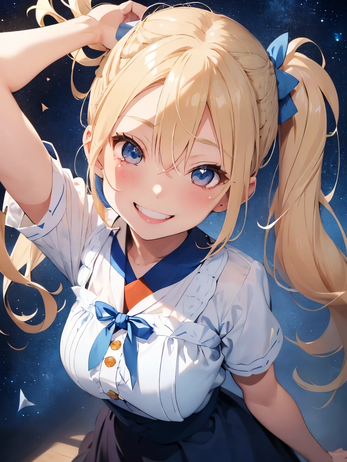 Blonde hair,((tied on one side of the head:1.3)),hanging down loosely with a large blue ribbon at the knot. A faint stardust effect emanating from the hair. A tsundere personality with a confident and bold expression. Eyes like shining jewels, blue in color. Slightly gal-style, an American girl,((big smile:1.3))
