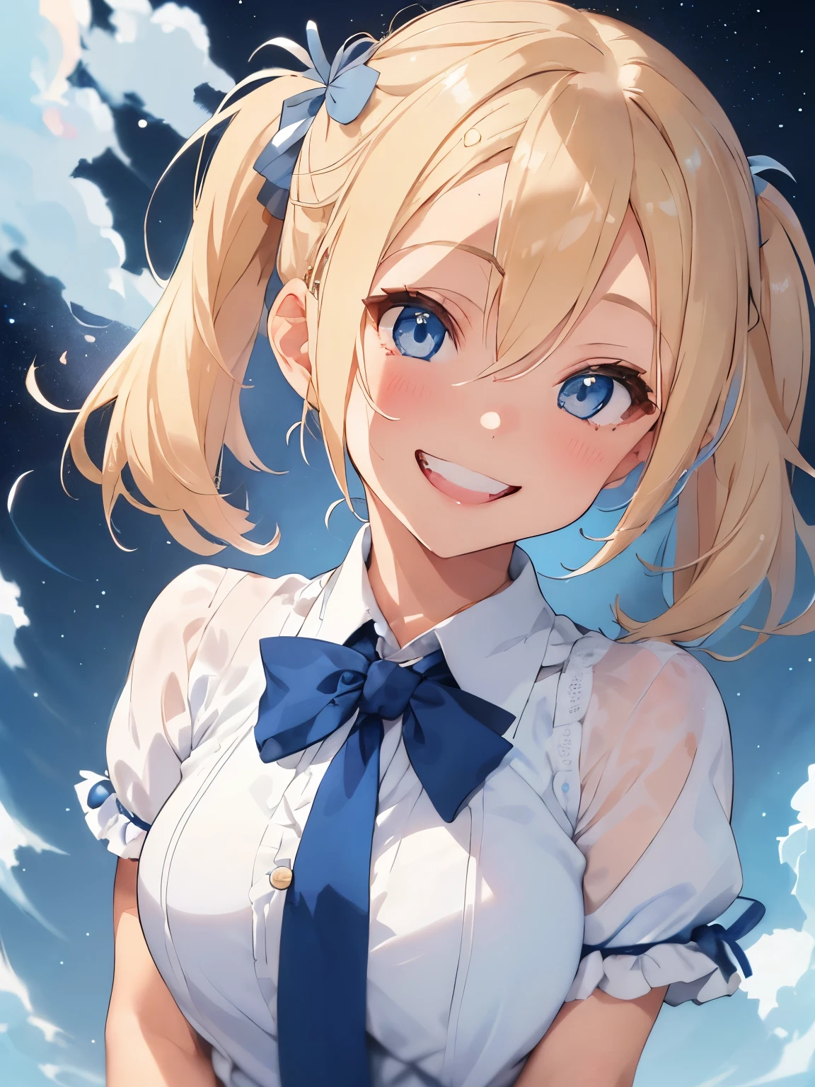 Blonde hair,((tied on one side of the head:1.3)),hanging down loosely with a large blue ribbon at the knot. A faint stardust effect emanating from the hair. A tsundere personality with a confident and bold expression. Eyes like shining jewels, blue in color. Slightly gal-style, an American girl,((big smile:1.3))
