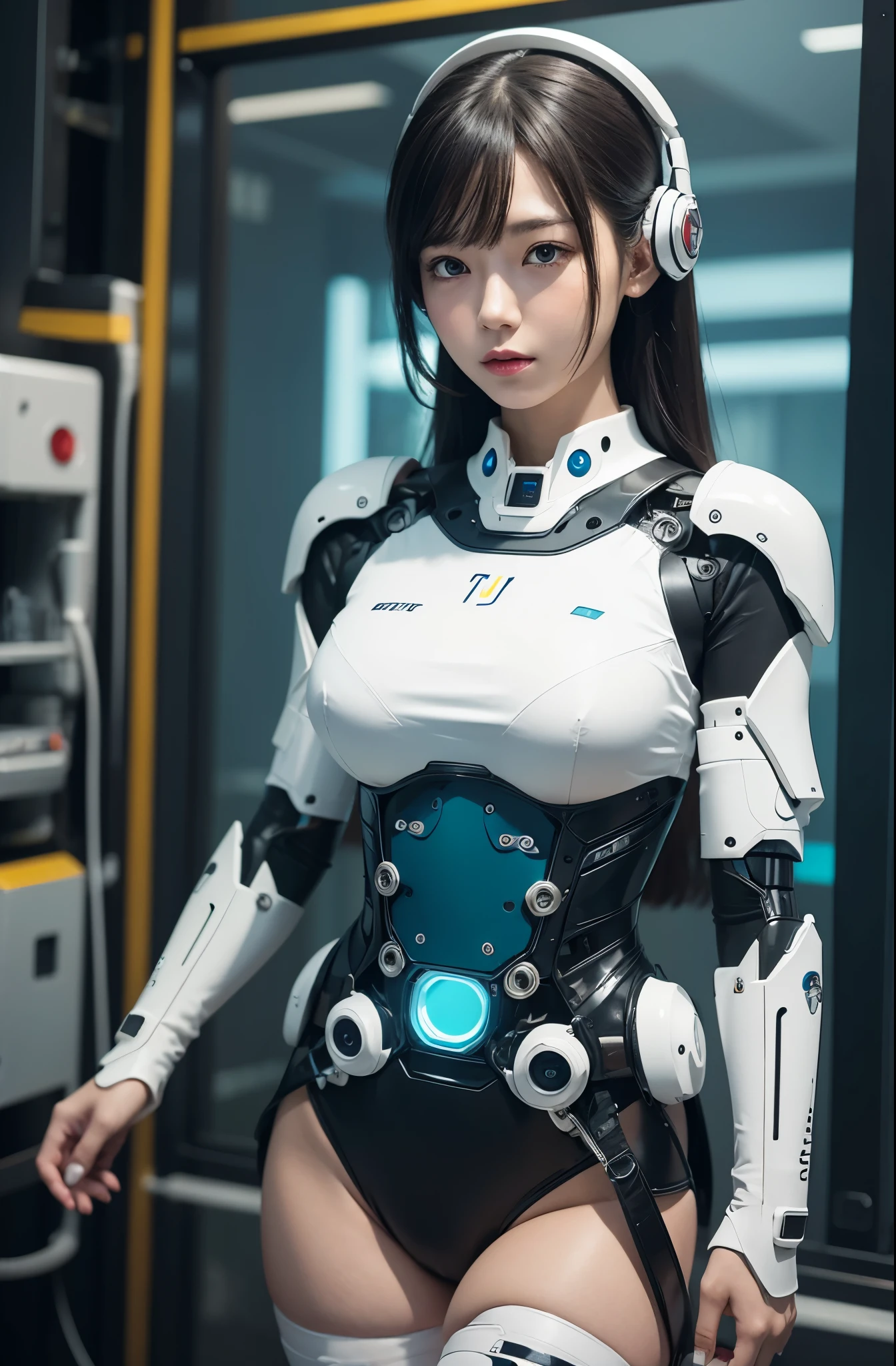 masutepiece, Best Quality, Extremely detailed, (8K, 4K, Best Quality, hight resolution, 超A high resolution:1.1), 8K portrait,1girl in, Japaese android gid,Plump , announcer,control panels,android,Droid,Mechanical Hand, ,Robot arms and legs, Black hair,Mechanical body,Blunt bangs,White Robotics Parts,perfect robot woman,Charging spot,Long Tube,A thick cable was connected to her neck,ceramic body ,Mechanical body, mechanical ear covers,android,robot humanoid,a bit chubby,panty,full eyes,perfect mechanical body,white robotics body,future laboratory,android factory,mechanical ear cover,white and aqua uniform,costume with aqua accents,