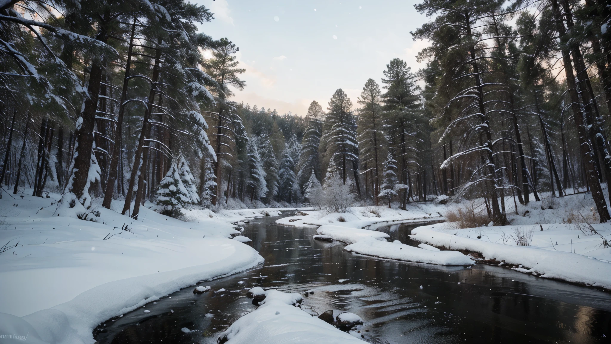 A stream of water flows in the winter forest Snow covered the entire pine forest.