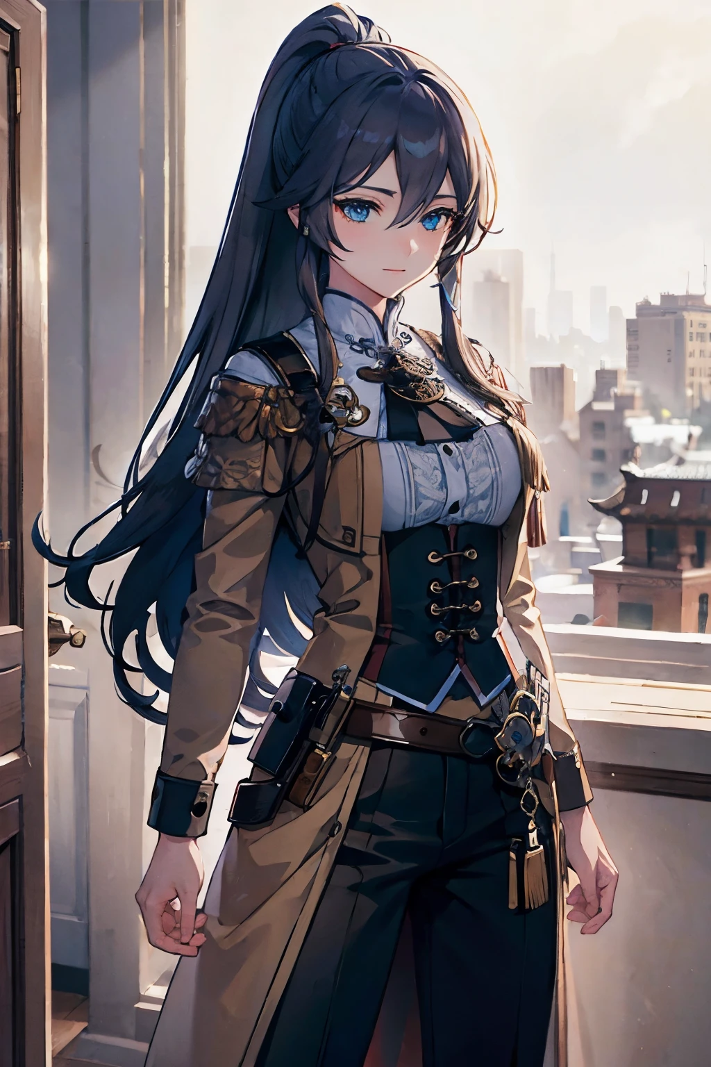 (best quality:1.3), (masterpiece:1.3), (illustration:1.3), (ultra-detailed:1.3), (imid shot:0.9), 1girl, solo, Fu Hua(HoF), large breasts, indoors, Chinese, blue eyes, white shirt, brown coat, long black pants, ponytail,